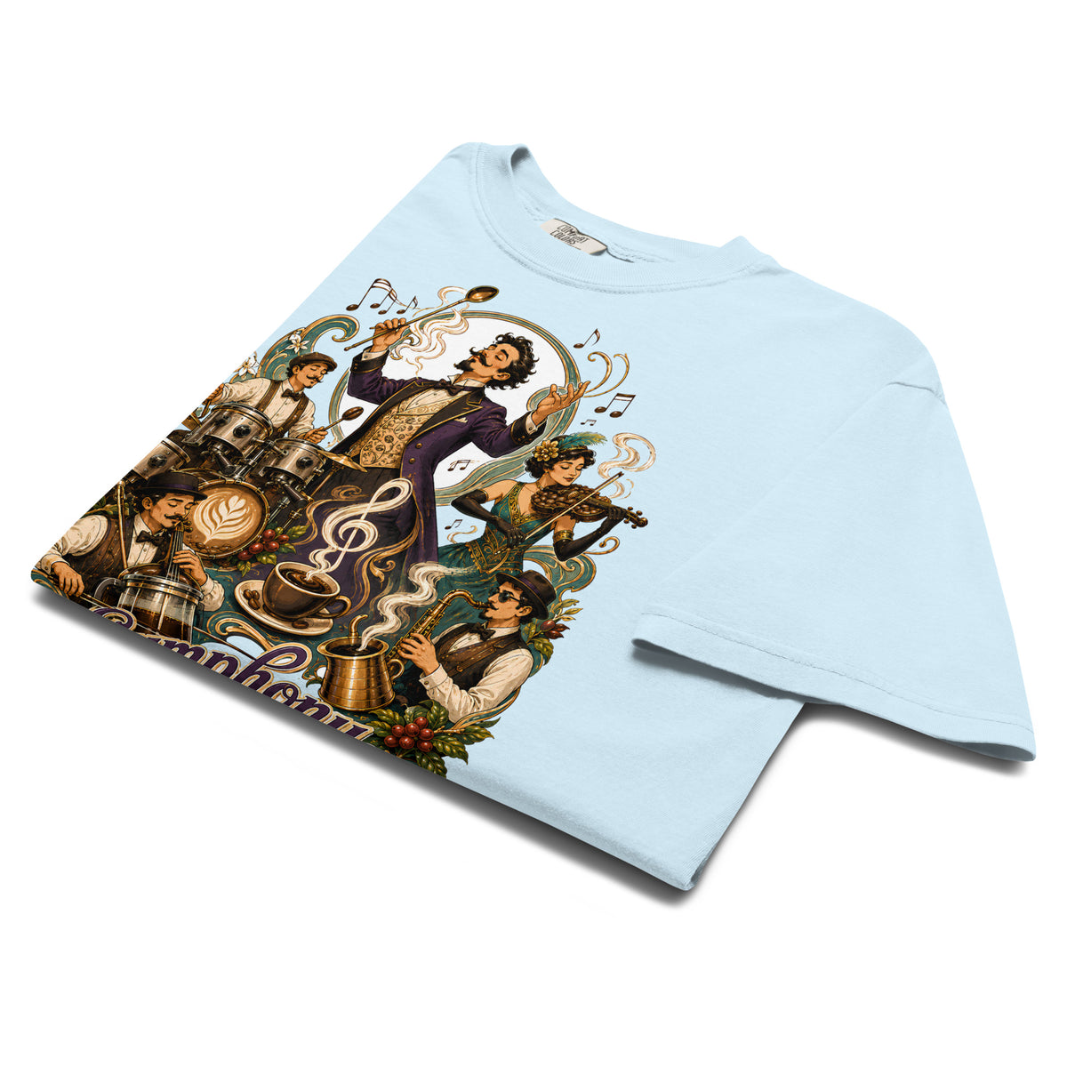 Coffee Lovers Unisex Heavyweight T-shirt Symphony in Every Cup – Musical & Orchestral Coffee Graphic Tee by printfluence.net