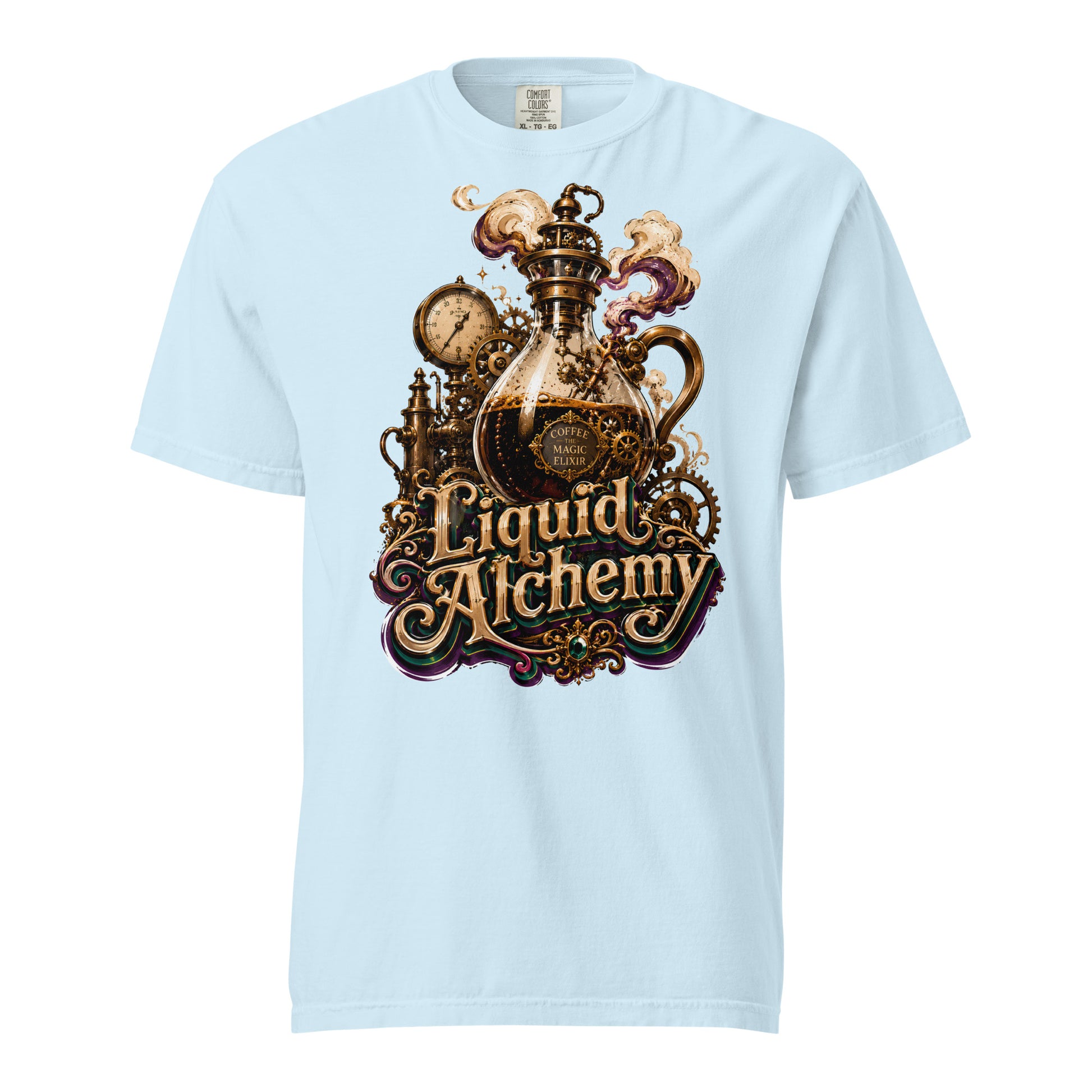 Coffee Lovers Unisex Garment-Dyed Heavyweight T-shirt Liquid Alchemy – Steampunk Coffee Magic Elixir Graphic Tee by printfluence.net