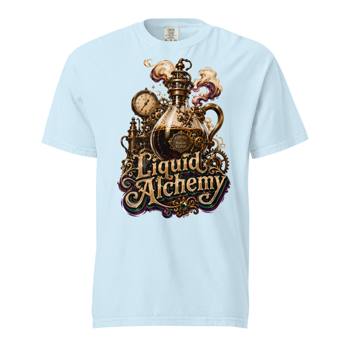 Coffee Lovers Unisex Garment-Dyed Heavyweight T-shirt Liquid Alchemy – Steampunk Coffee Magic Elixir Graphic Tee by printfluence.net