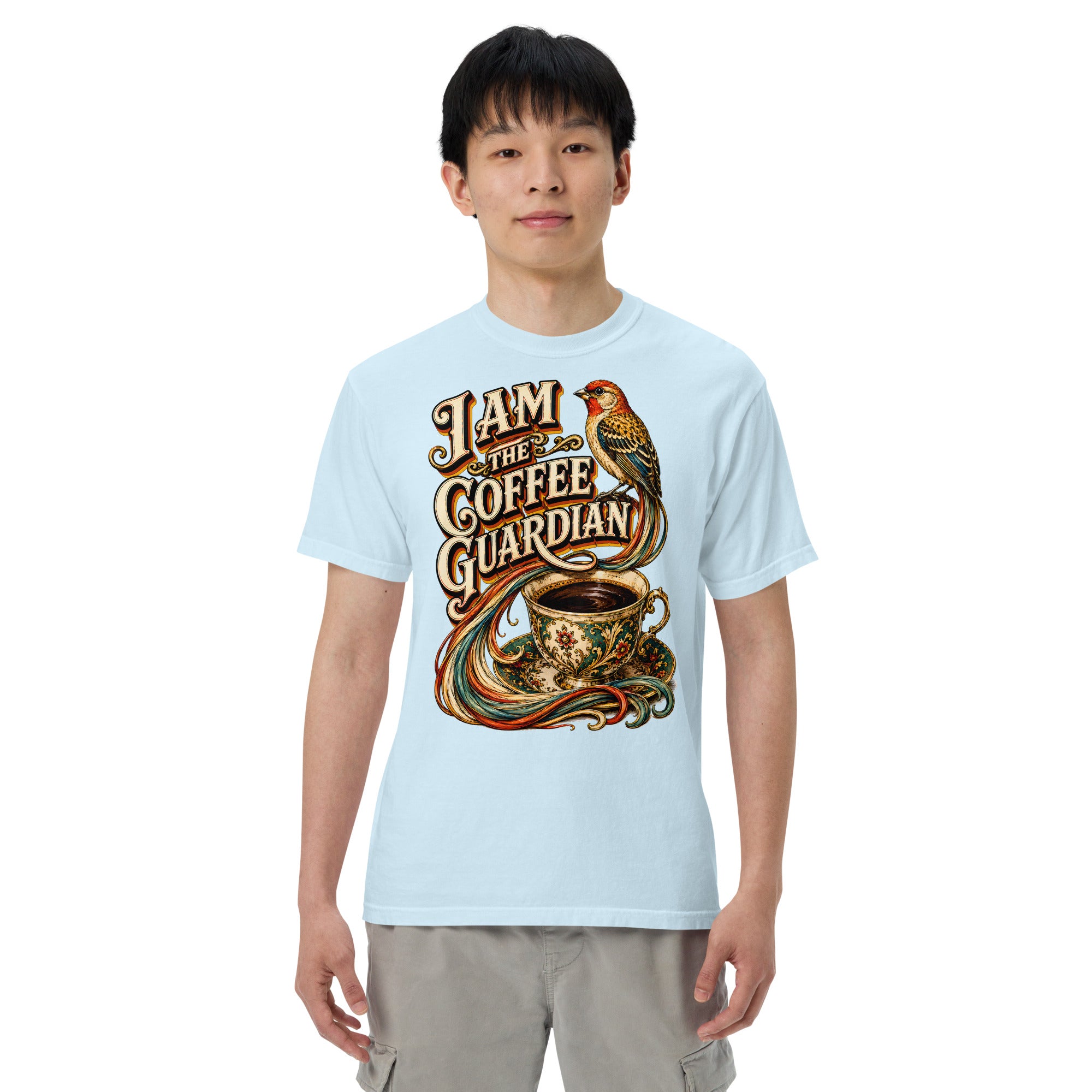 Coffee Lovers Unisex Heavyweight T-shirt The Coffee Guardian – Whimsical Bird & Vintage Cup Graphic Tee by printfluence.net
