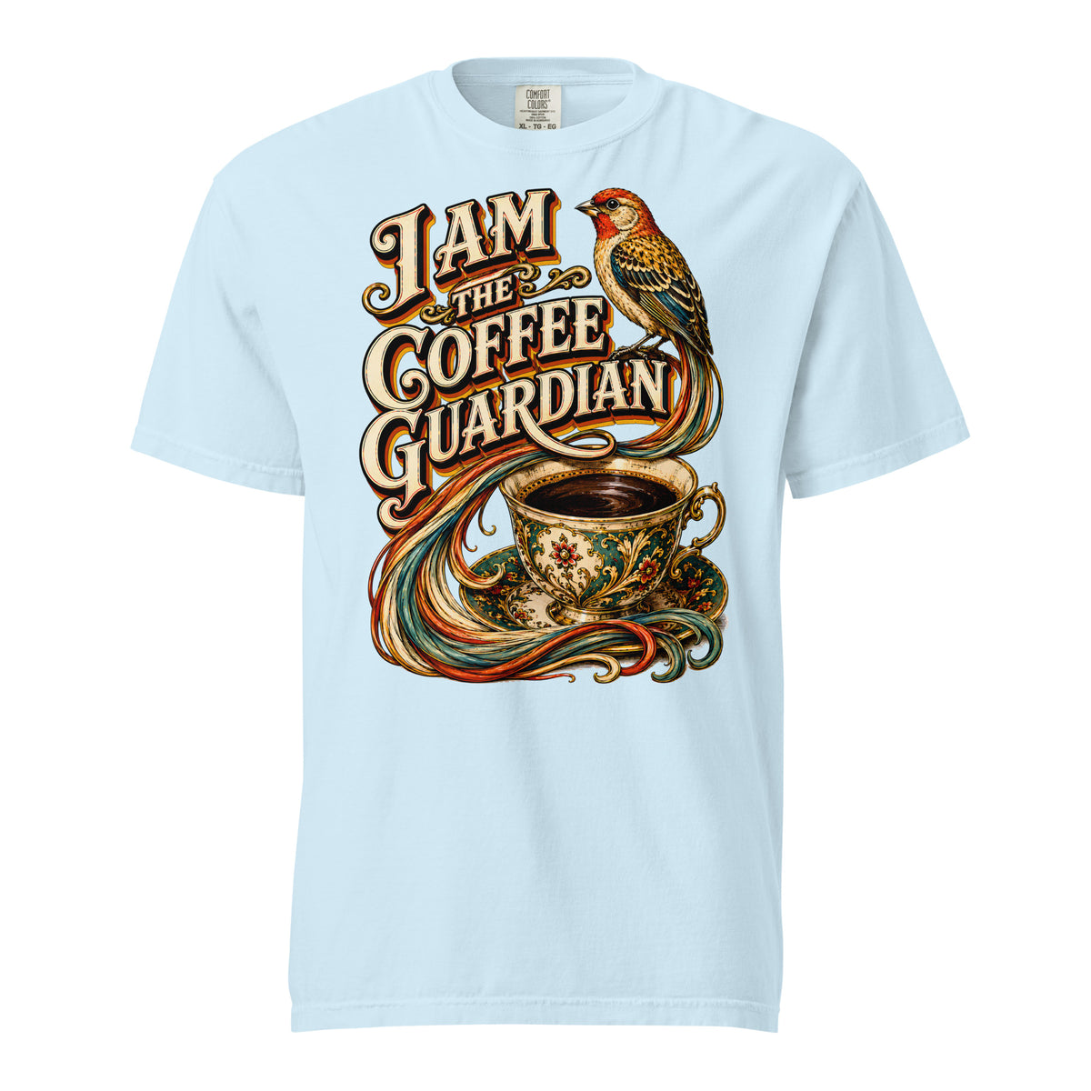 Coffee Lovers Unisex Heavyweight T-shirt The Coffee Guardian – Whimsical Bird & Vintage Cup Graphic Tee by printfluence.net