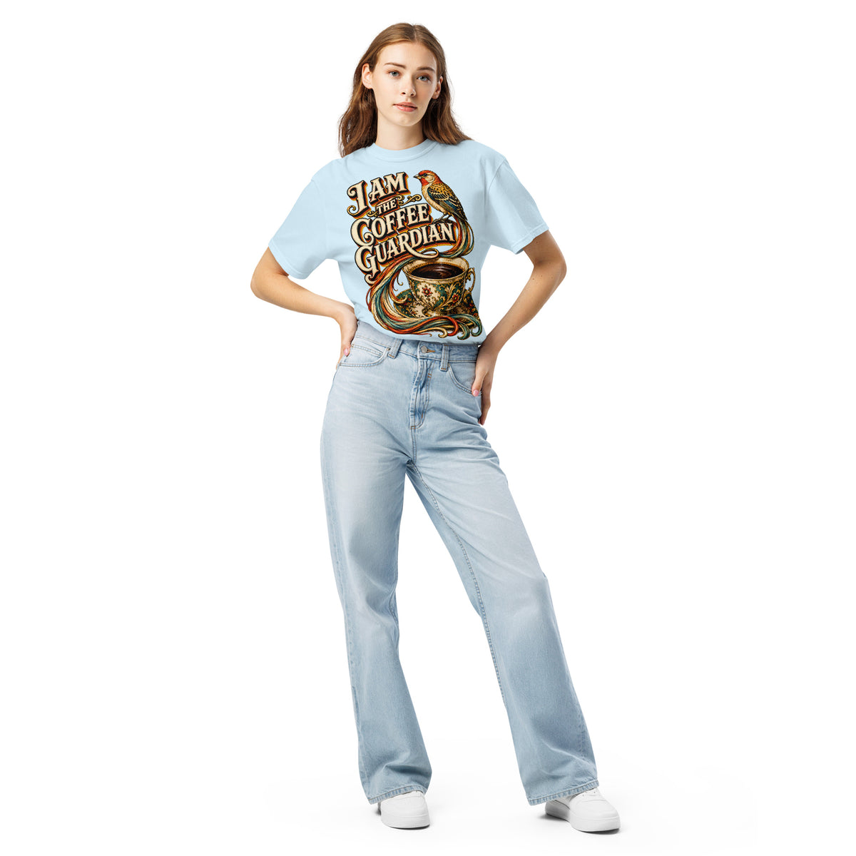 Coffee Lovers Unisex Heavyweight T-shirt The Coffee Guardian – Whimsical Bird & Vintage Cup Graphic Tee by printfluence.net