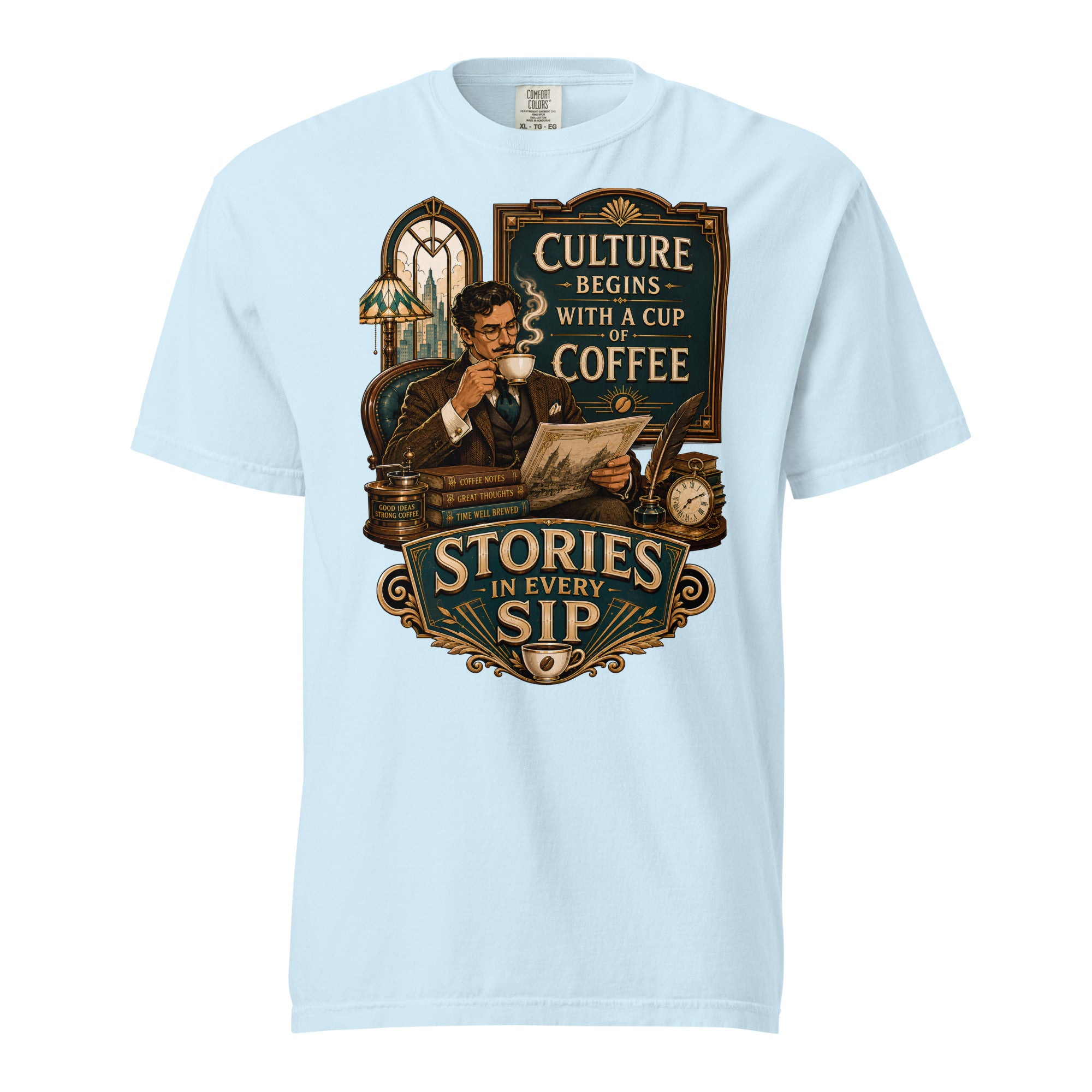 Coffee Lovers Unisex Heavyweight T-shirt Stories in Every Sip – Vintage Gentleman & Intellectual Coffee Graphic Tee by printfluence.net