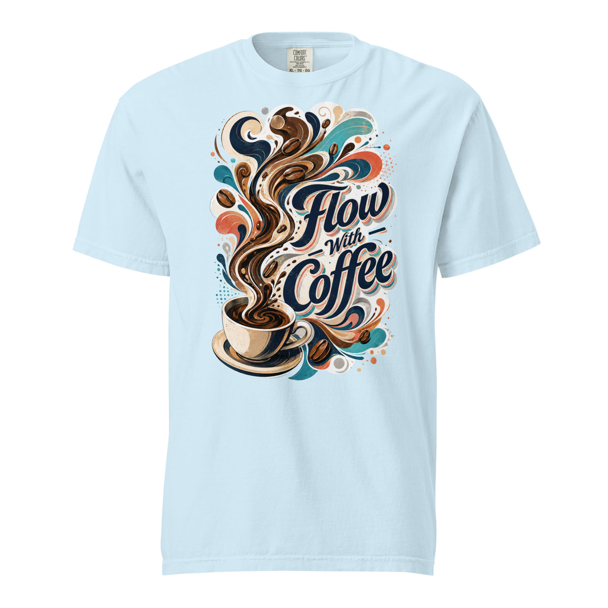 Coffee Lovers Heavyweight T-Shirt Flow with Coffee – Abstract Swirl & Coffee Bean Graphic Tee by printfluence.net