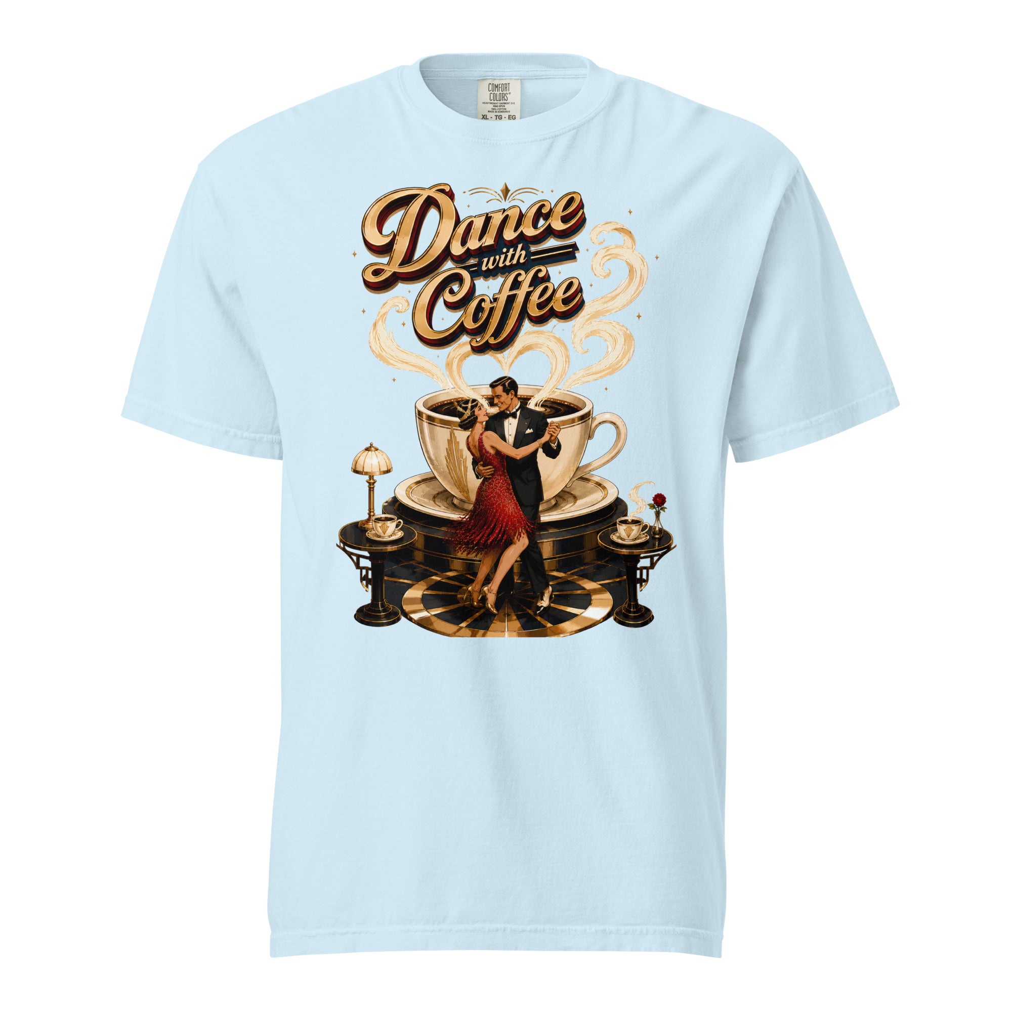 Coffee Lovers Unisex Garment-Dyed Heavyweight T-Shirt Dance with Coffee – Art Deco Dancer & Giant Cup Graphic Tee by printfluence.net
