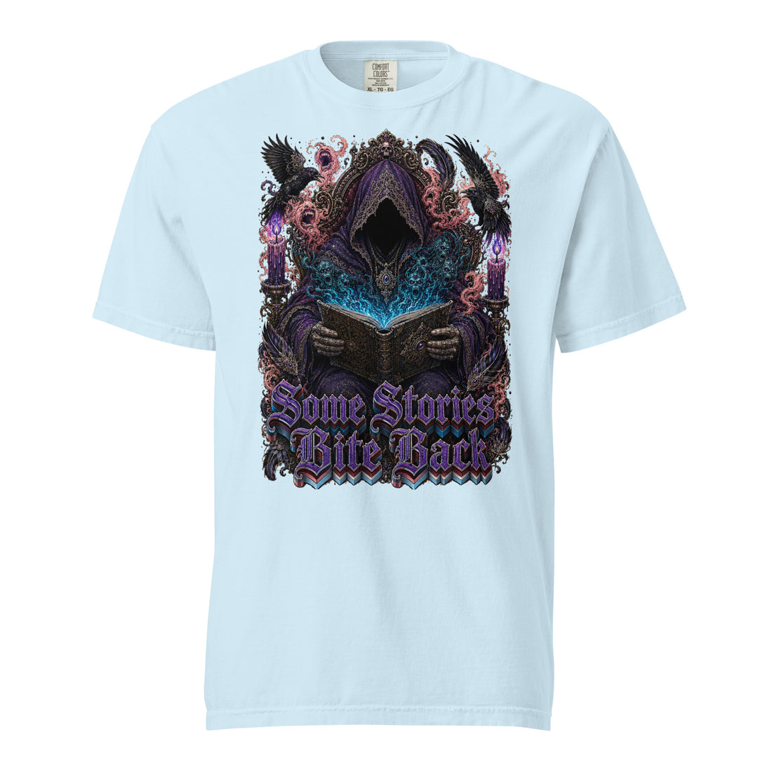 Horror & Mystery Lovers Unisex Garment-Dyed Heavyweight T-Shirt with "Some Stories Bite Back" Design by printfluence.net