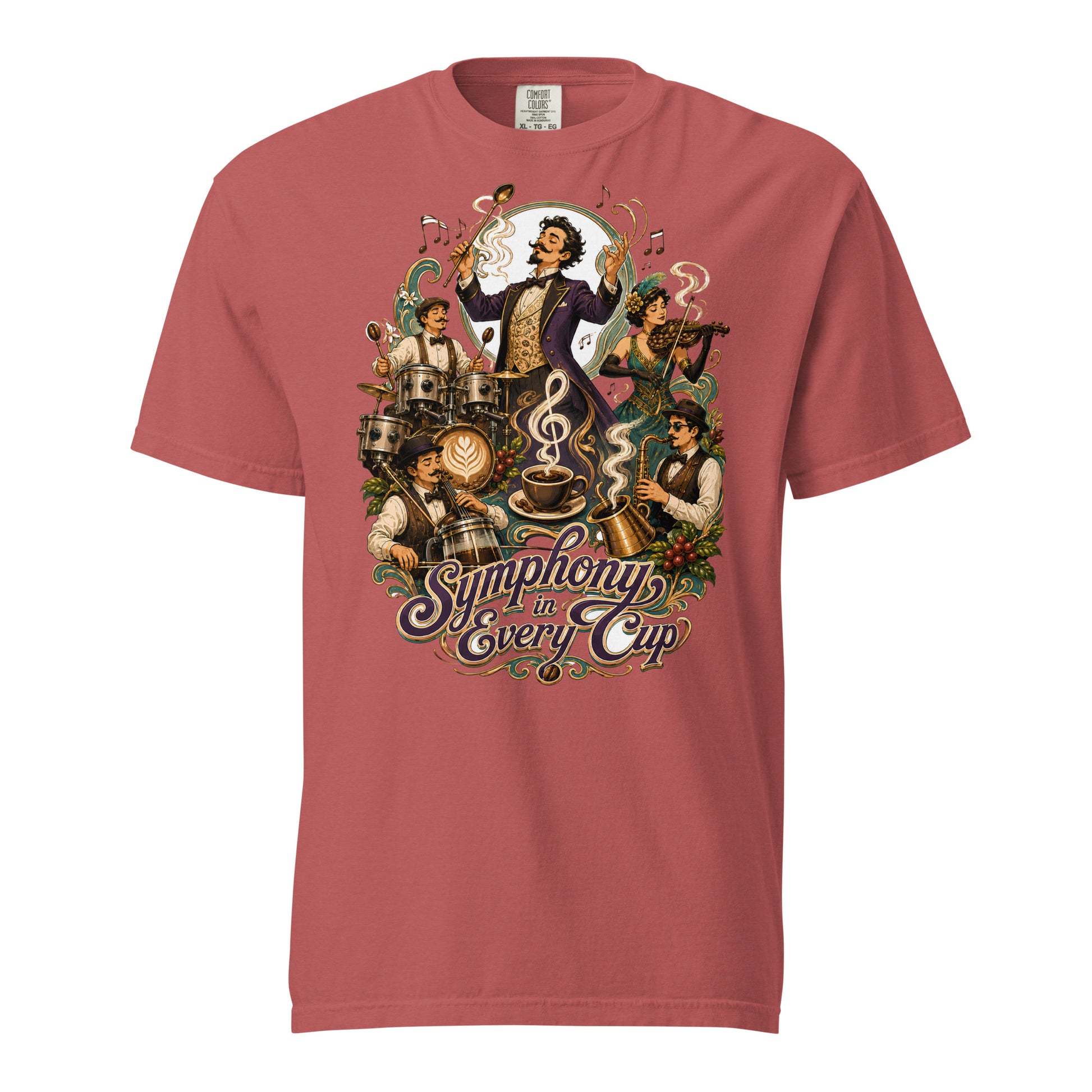 Coffee Lovers Unisex Heavyweight T-shirt Symphony in Every Cup – Musical & Orchestral Coffee Graphic Tee by printfluence.net