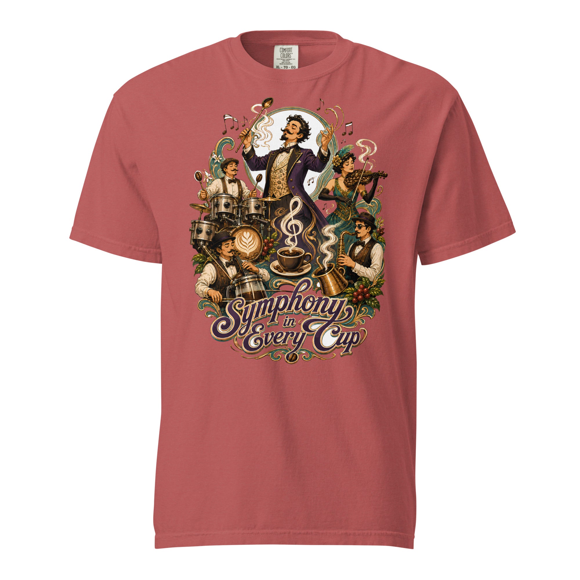 Coffee Lovers Unisex Heavyweight T-shirt Symphony in Every Cup – Musical & Orchestral Coffee Graphic Tee by printfluence.net