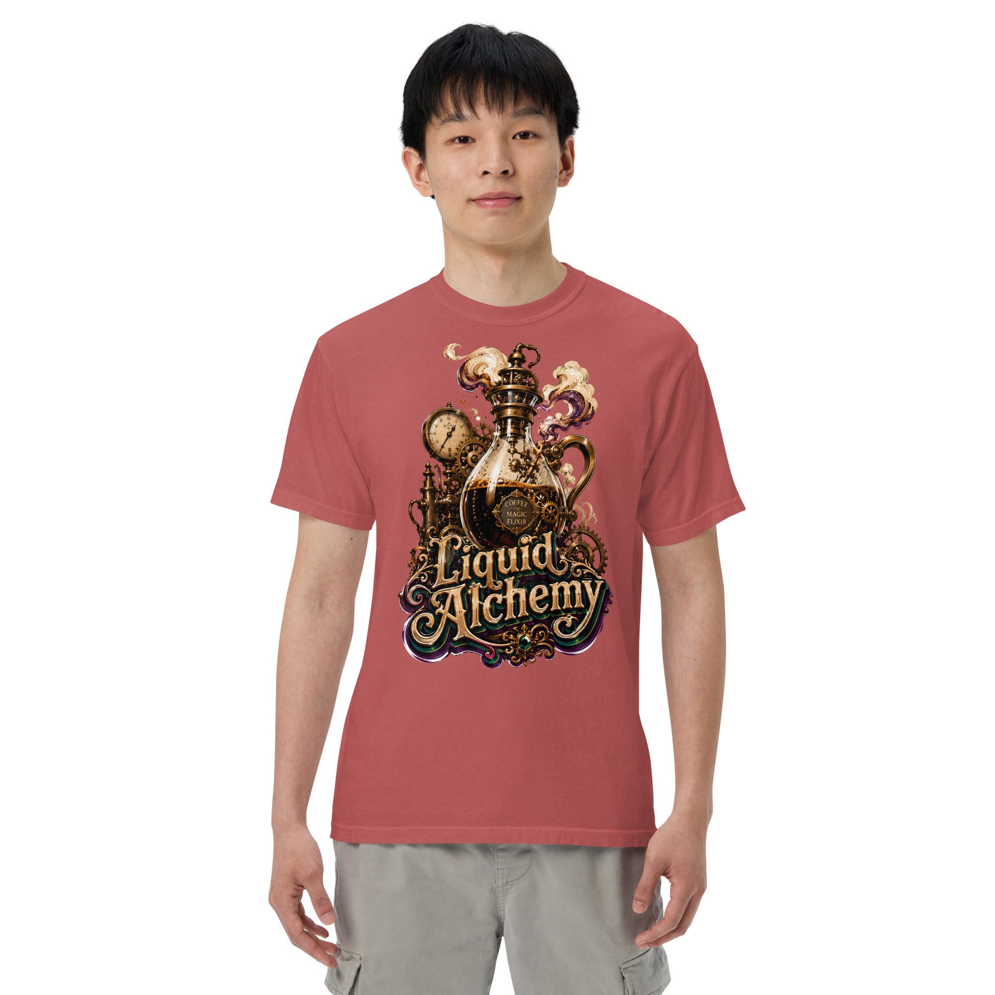 Coffee Lovers Unisex Garment-Dyed Heavyweight T-shirt Liquid Alchemy – Steampunk Coffee Magic Elixir Graphic Tee by printfluence.net