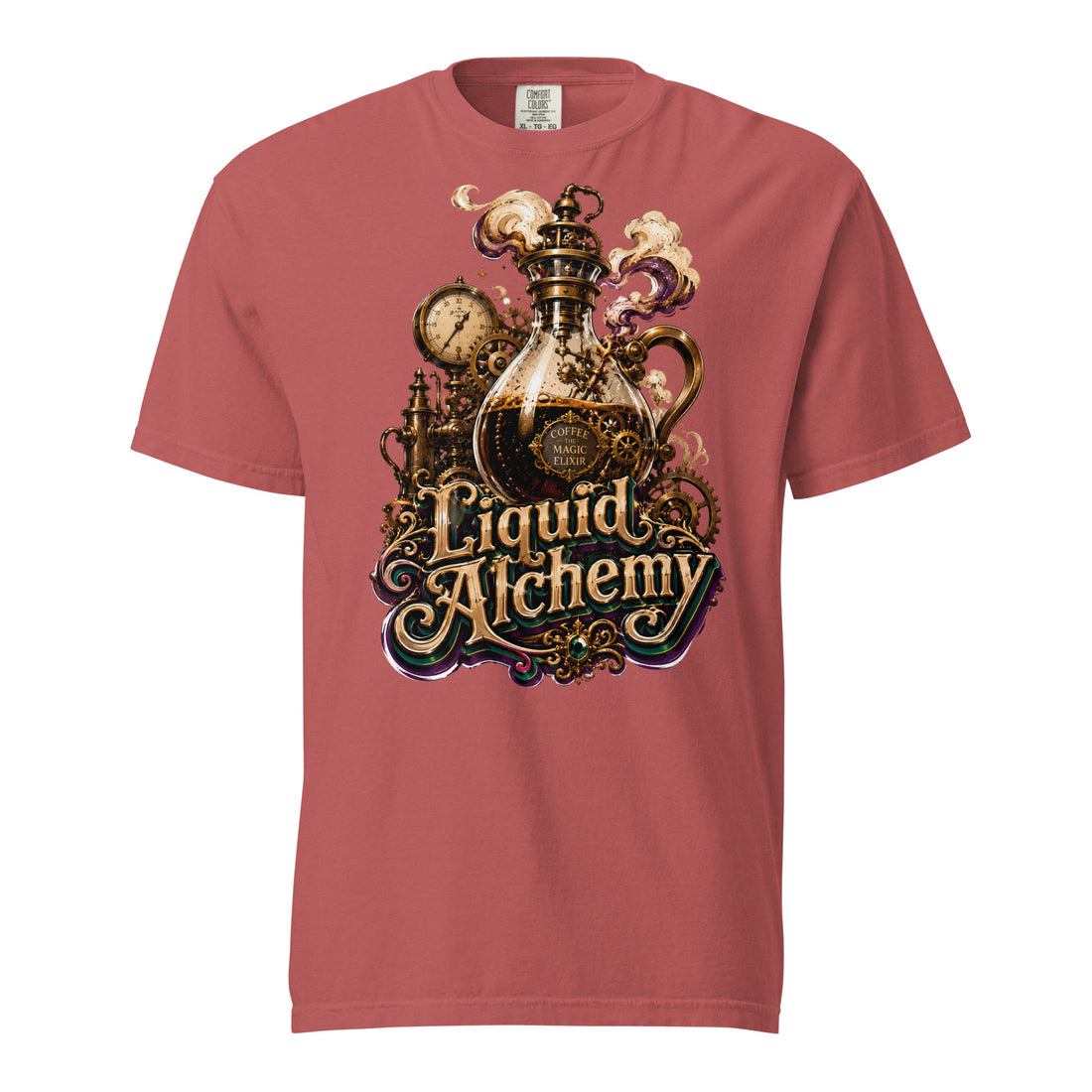 Coffee Lovers Unisex Garment-Dyed Heavyweight T-shirt Liquid Alchemy – Steampunk Coffee Magic Elixir Graphic Tee by printfluence.net