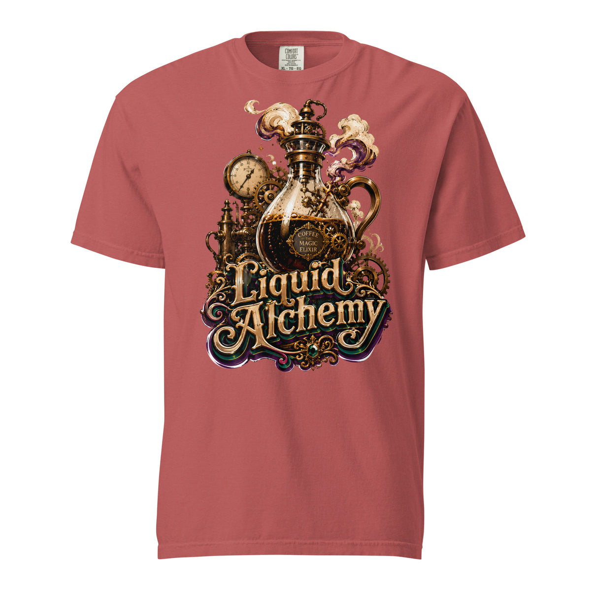 Coffee Lovers Unisex Garment-Dyed Heavyweight T-shirt Liquid Alchemy – Steampunk Coffee Magic Elixir Graphic Tee by printfluence.net