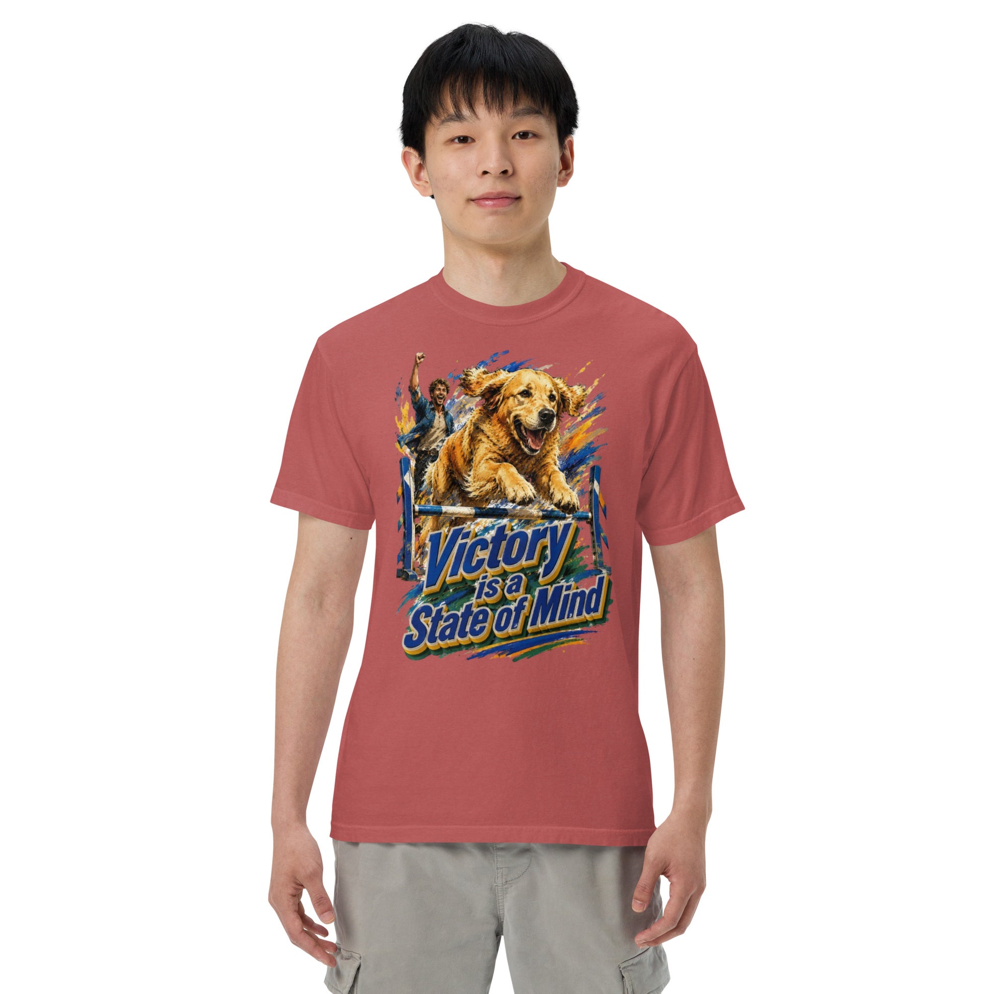 Golden Retriever Lovers Unisex Garment-Dyed Heavyweight T-Shirt — "Victory is a State of Mind" Agility Jumping Dog and Owner Design by printfluence.net
