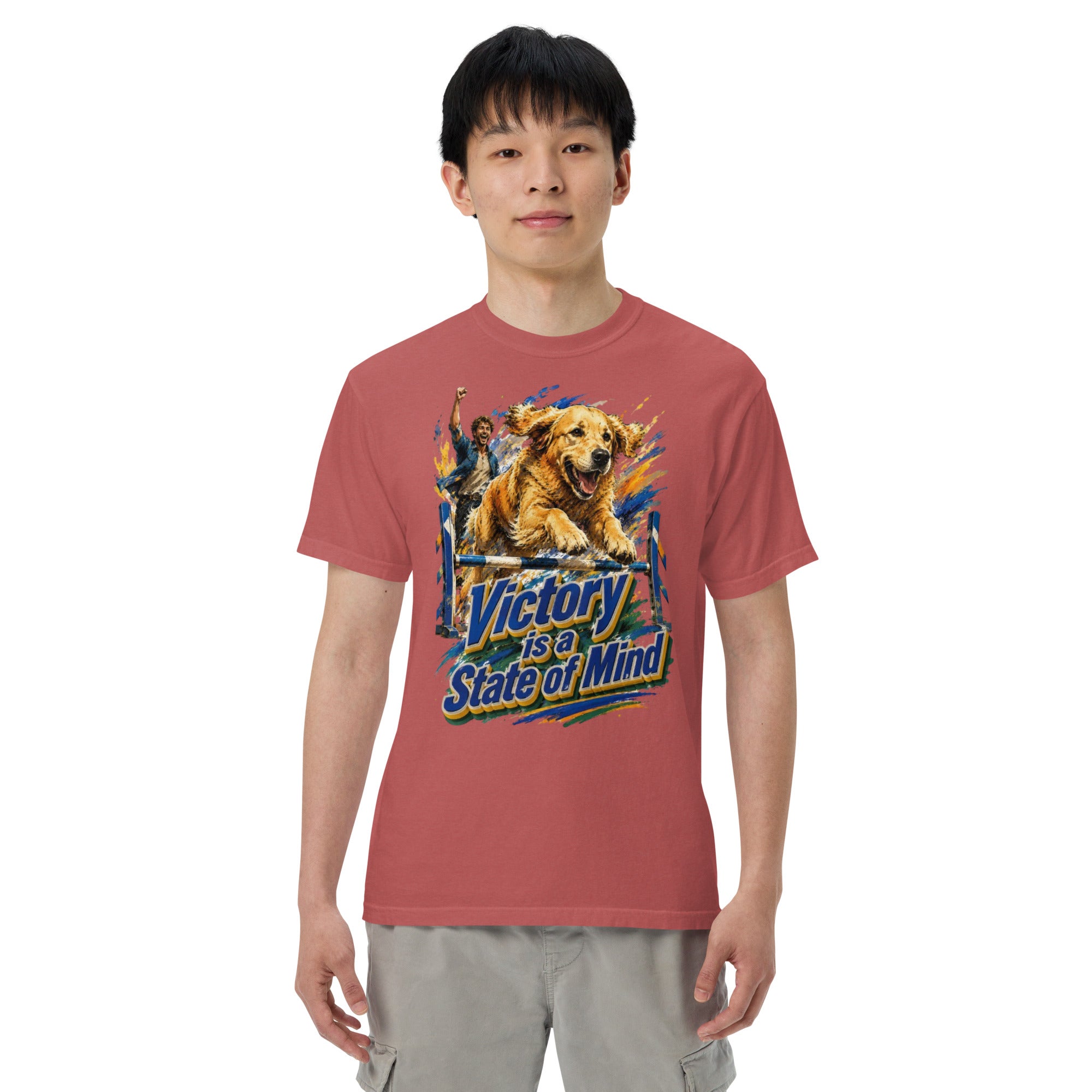 Golden Retriever Lovers Unisex Garment-Dyed Heavyweight T-Shirt — "Victory is a State of Mind" Agility Jumping Dog and Owner Design by printfluence.net