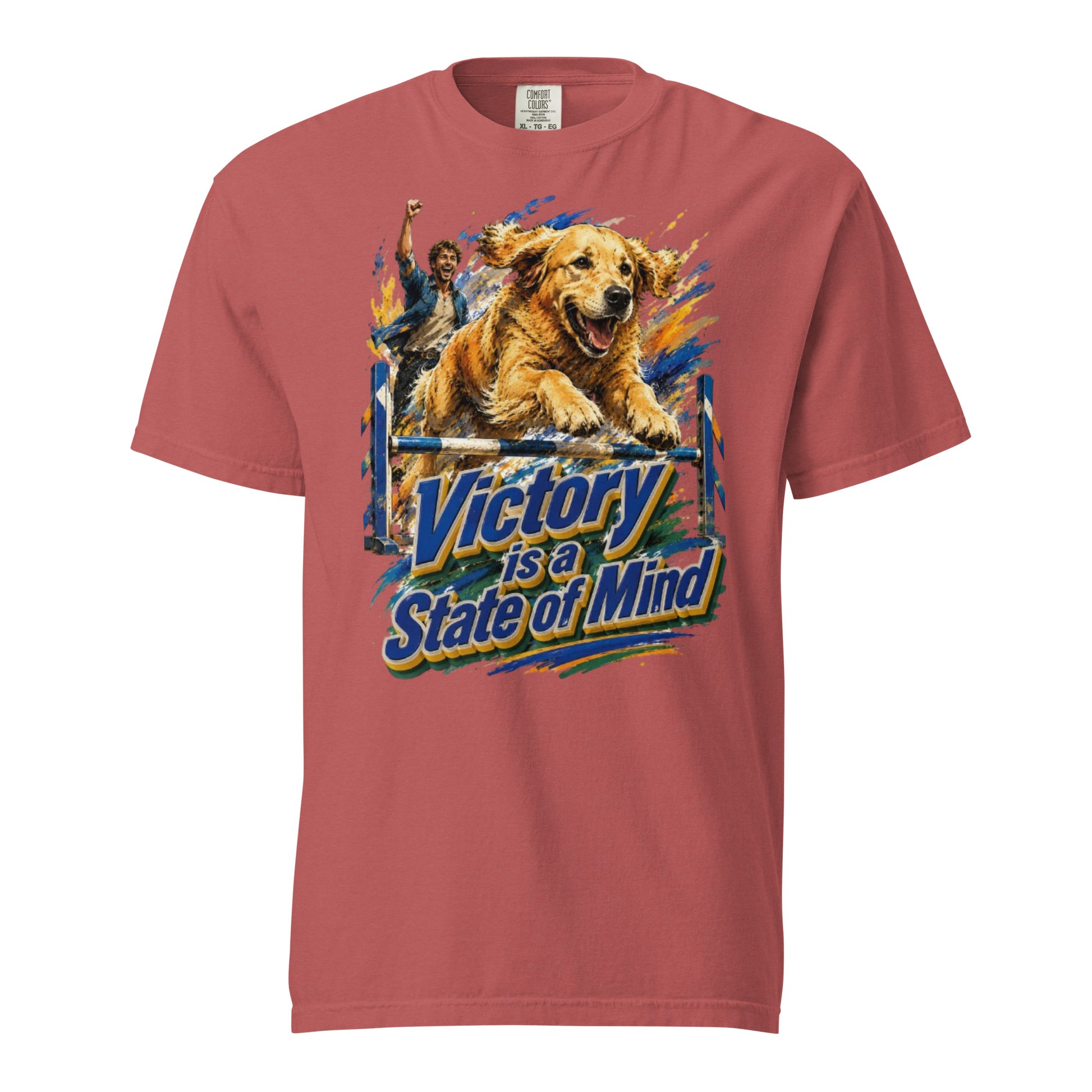 Golden Retriever Lovers Unisex Garment-Dyed Heavyweight T-Shirt — "Victory is a State of Mind" Agility Jumping Dog and Owner Design by printfluence.net