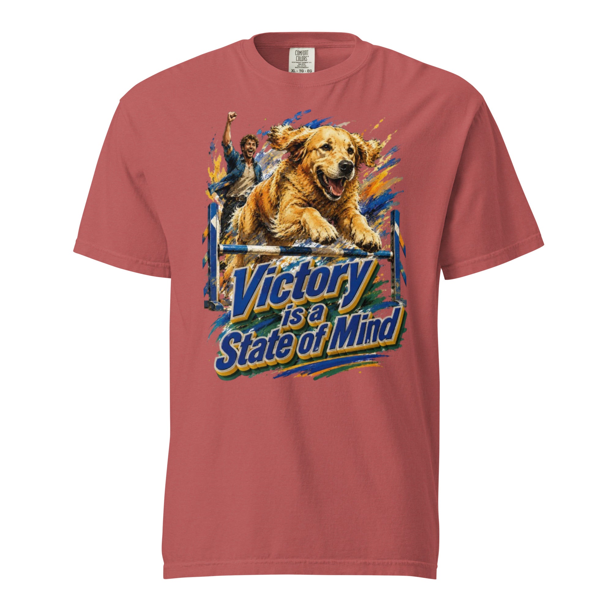 Golden Retriever Lovers Unisex Garment-Dyed Heavyweight T-Shirt — "Victory is a State of Mind" Agility Jumping Dog and Owner Design by printfluence.net