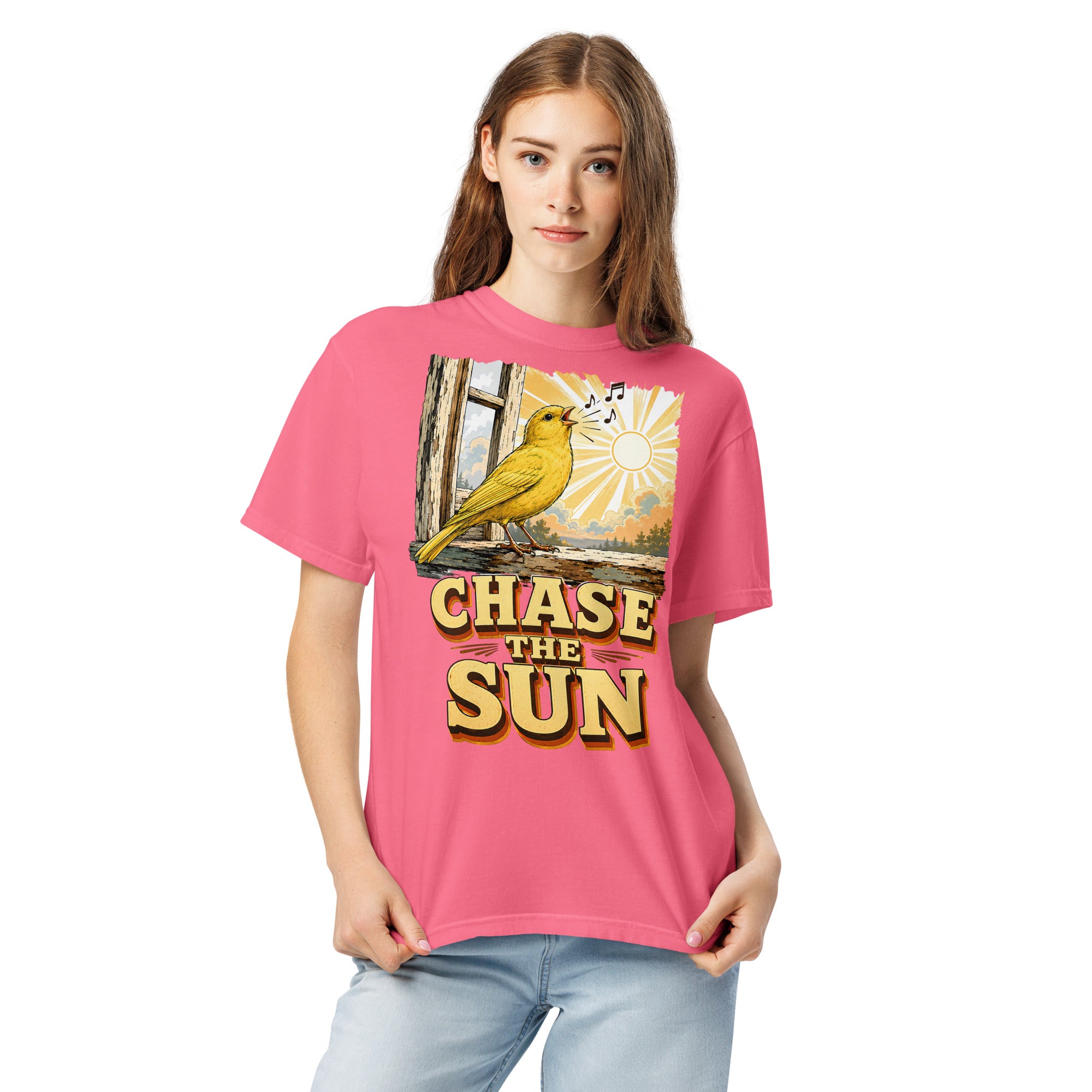Vintage Chase The Sun Faded Oversized Tee - Retro Canary Lovers T-Shirt T-1 by printfluence.net