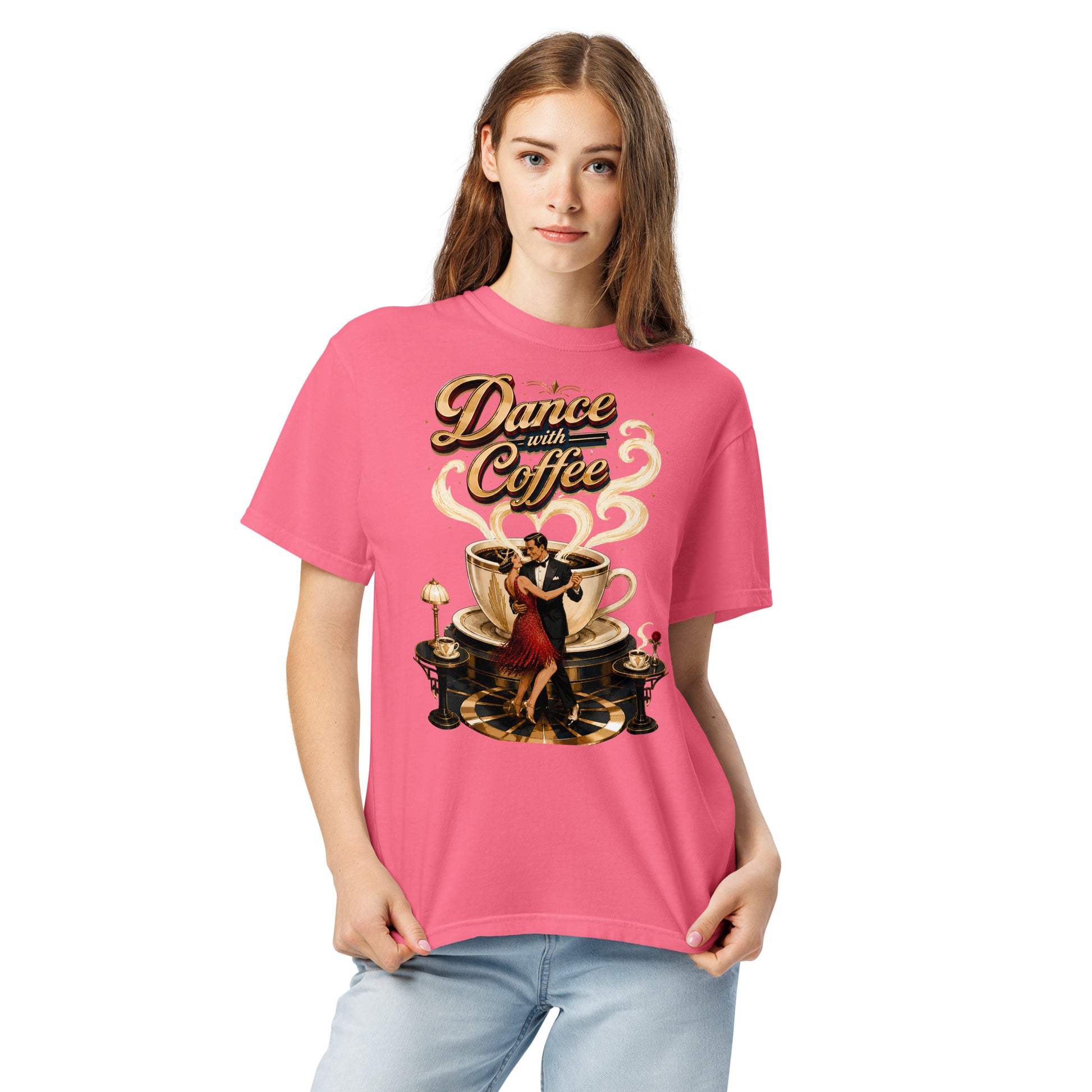 Coffee Lovers Unisex Garment-Dyed Heavyweight T-Shirt Dance with Coffee – Art Deco Dancer & Giant Cup Graphic Tee by printfluence.net