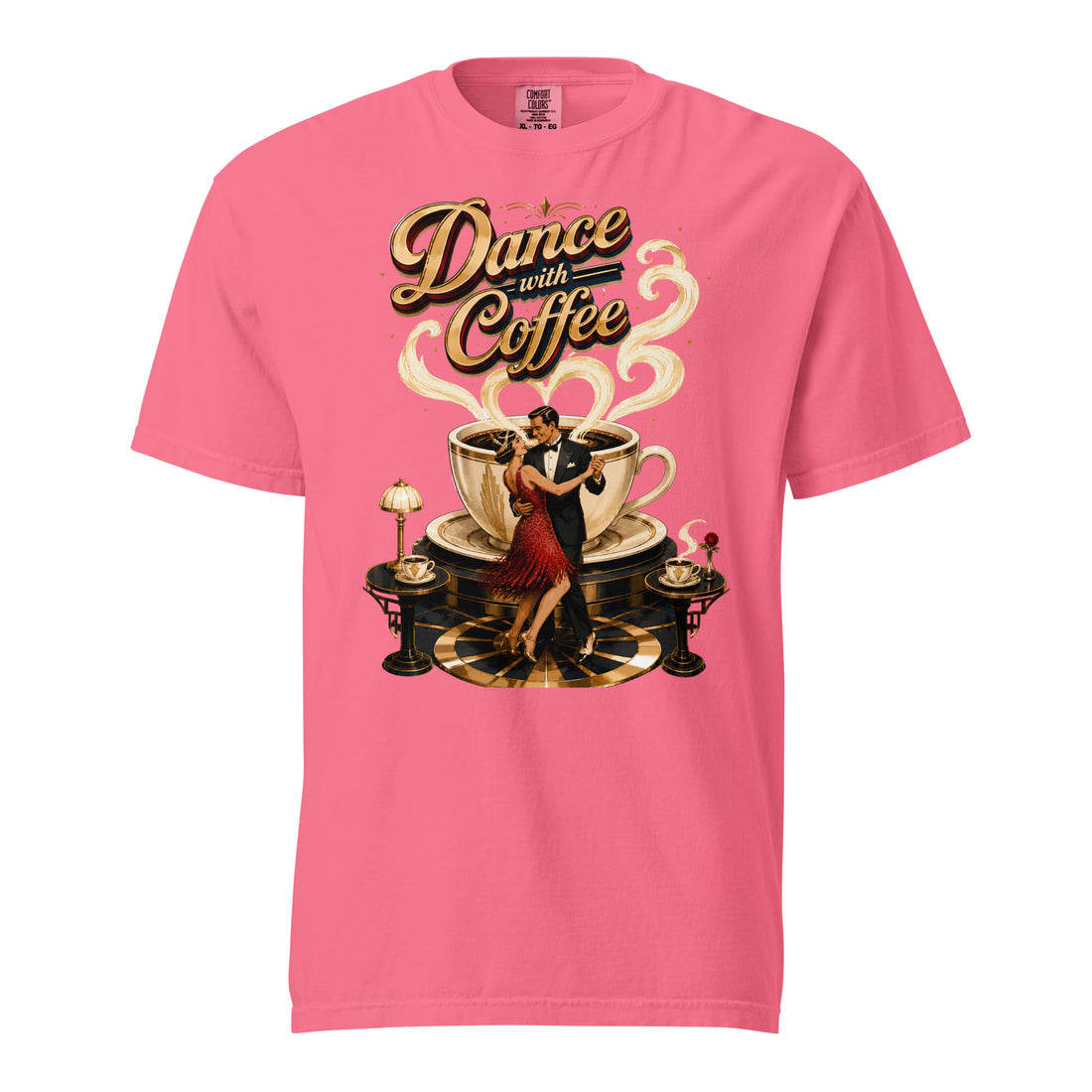 Coffee Lovers Unisex Garment-Dyed Heavyweight T-Shirt Dance with Coffee – Art Deco Dancer & Giant Cup Graphic Tee by printfluence.net