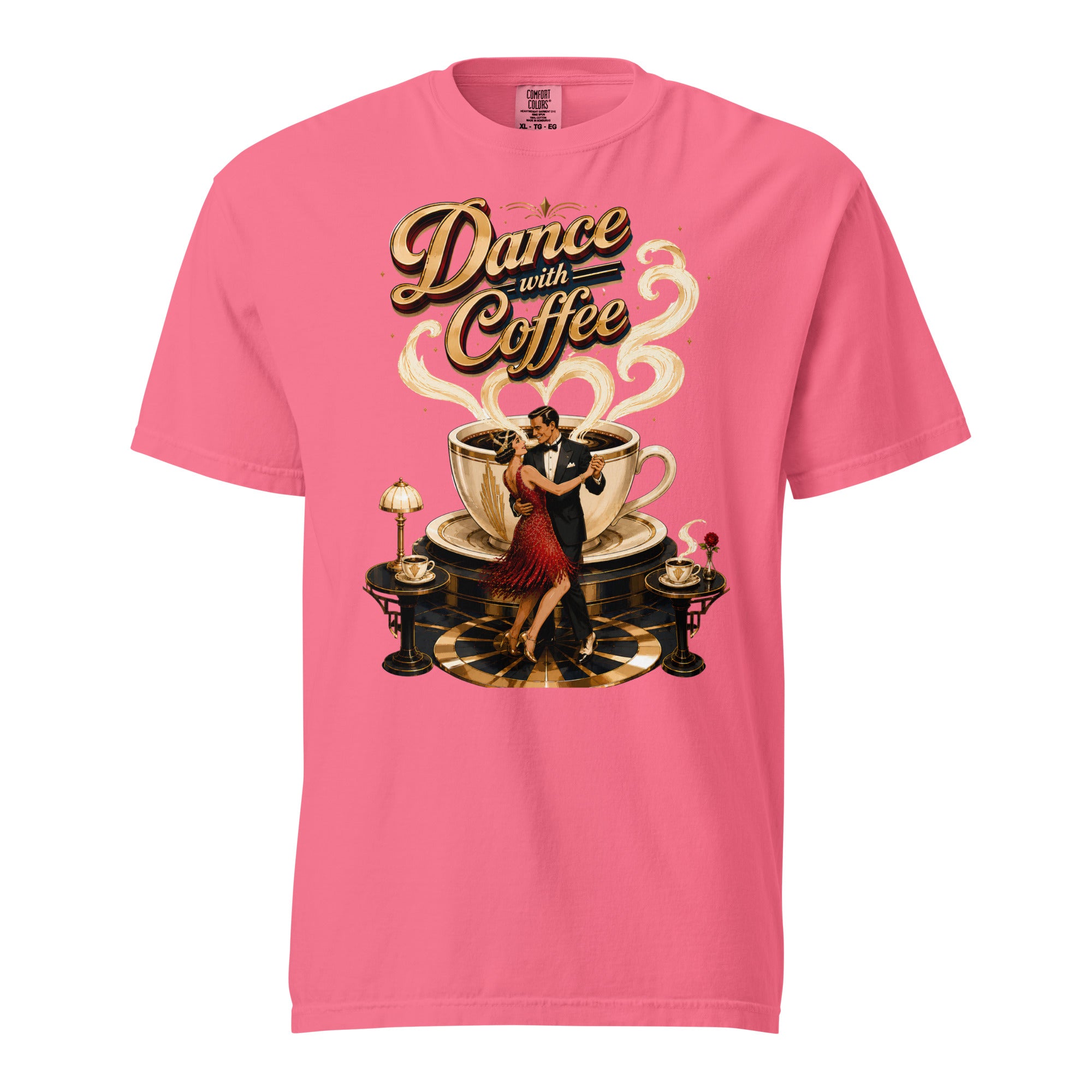 Coffee Lovers Unisex Garment-Dyed Heavyweight T-Shirt Dance with Coffee – Art Deco Dancer & Giant Cup Graphic Tee by printfluence.net