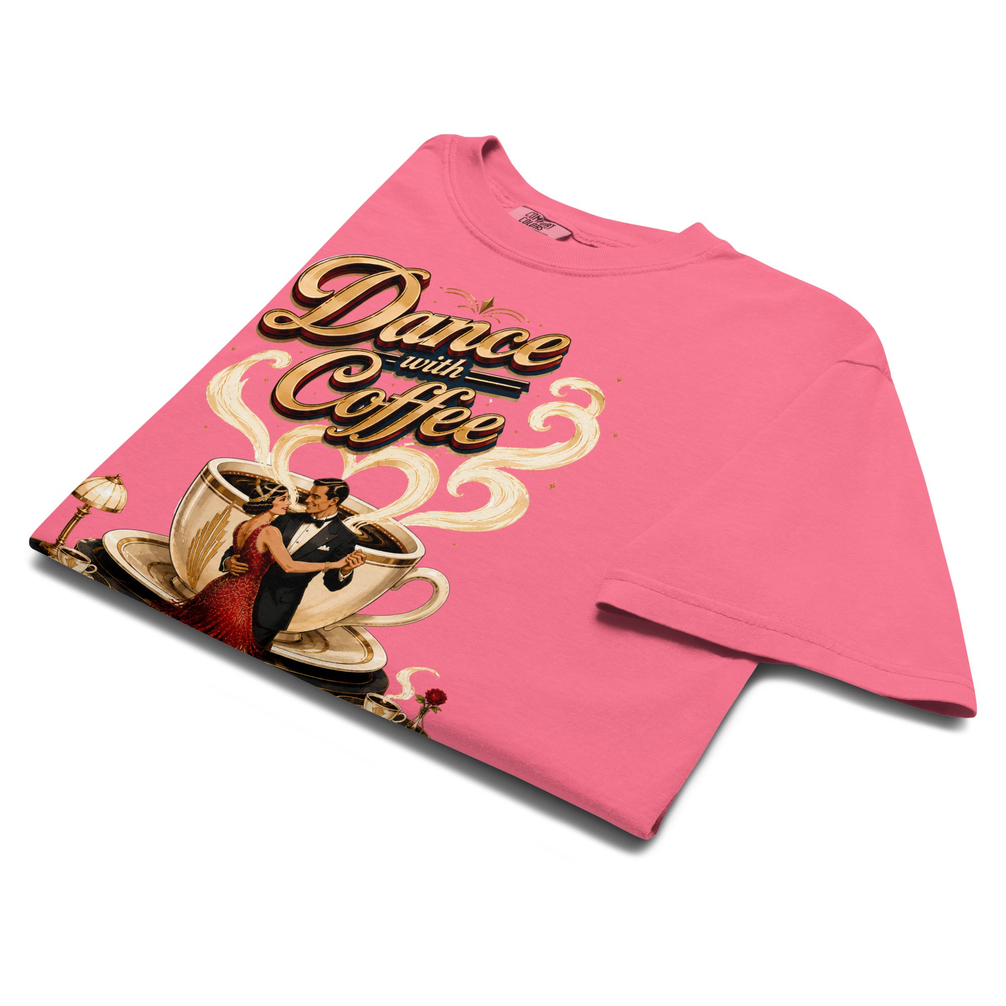 Coffee Lovers Unisex Garment-Dyed Heavyweight T-Shirt Dance with Coffee – Art Deco Dancer & Giant Cup Graphic Tee by printfluence.net