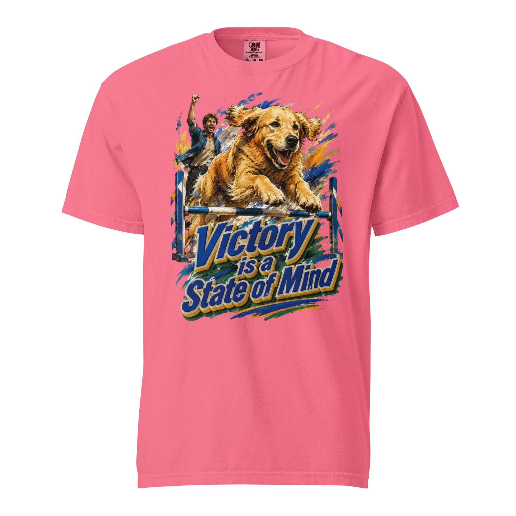 Golden Retriever Lovers Unisex Garment-Dyed Heavyweight T-Shirt — "Victory is a State of Mind" Agility Jumping Dog and Owner Design by printfluence.net