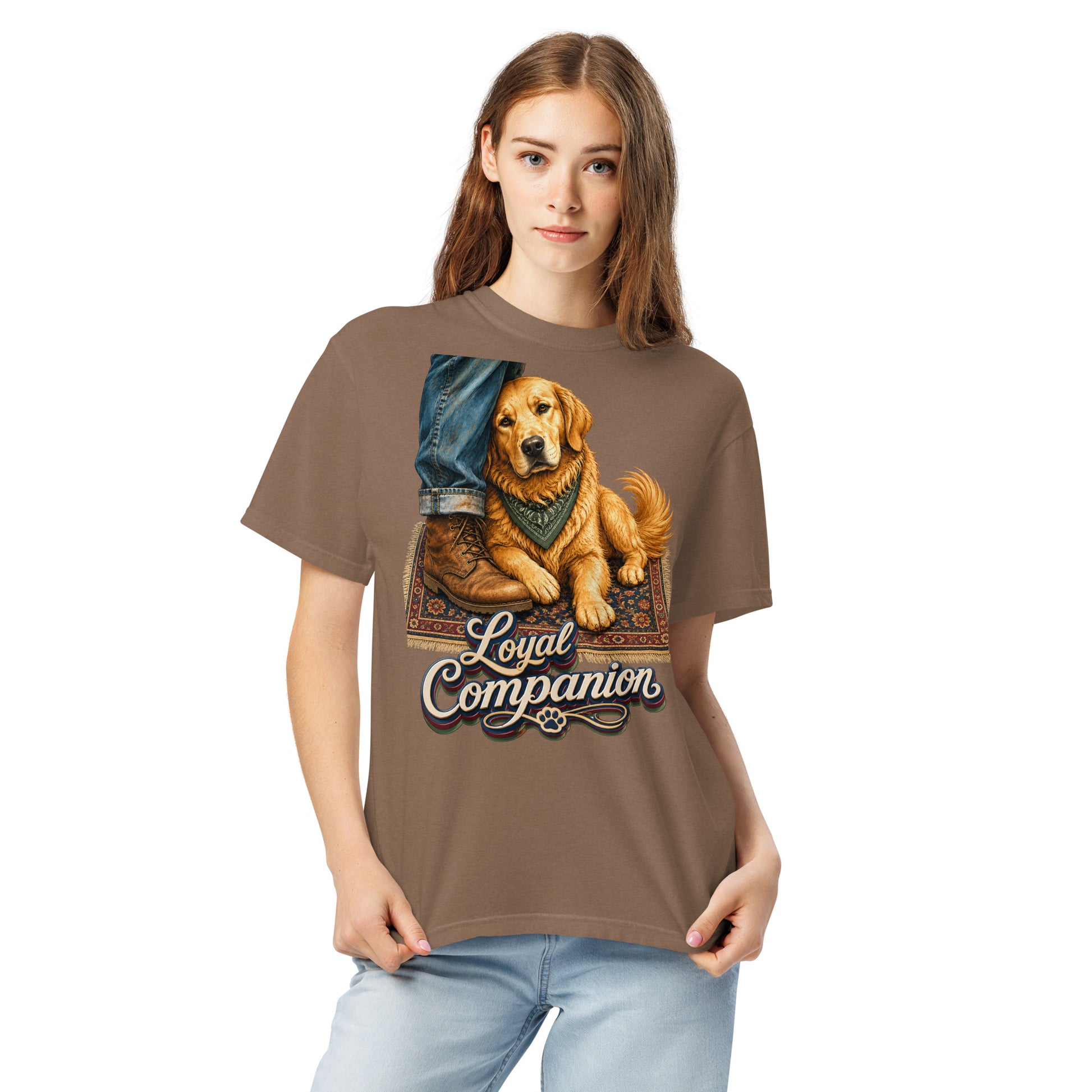 Golden Retriever Lovers Unisex Garment-Dyed Heavyweight T-Shirt — "Loyal Companion" Faithful Dog Resting on Rug Design by printfluence.net