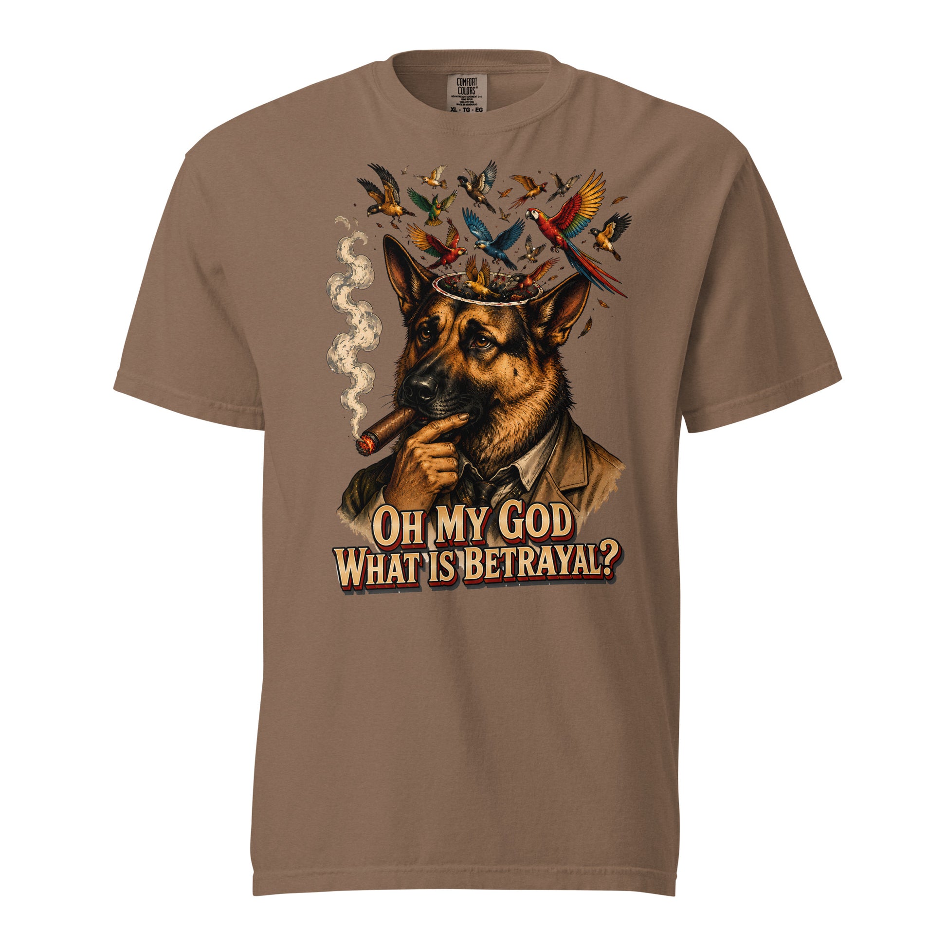 German Shepherd Lovers Unisex Garment-Dyed Heavyweight T-Shirt | "What Is Betrayal?" Philosophical Graphic Tee by printfluence.net