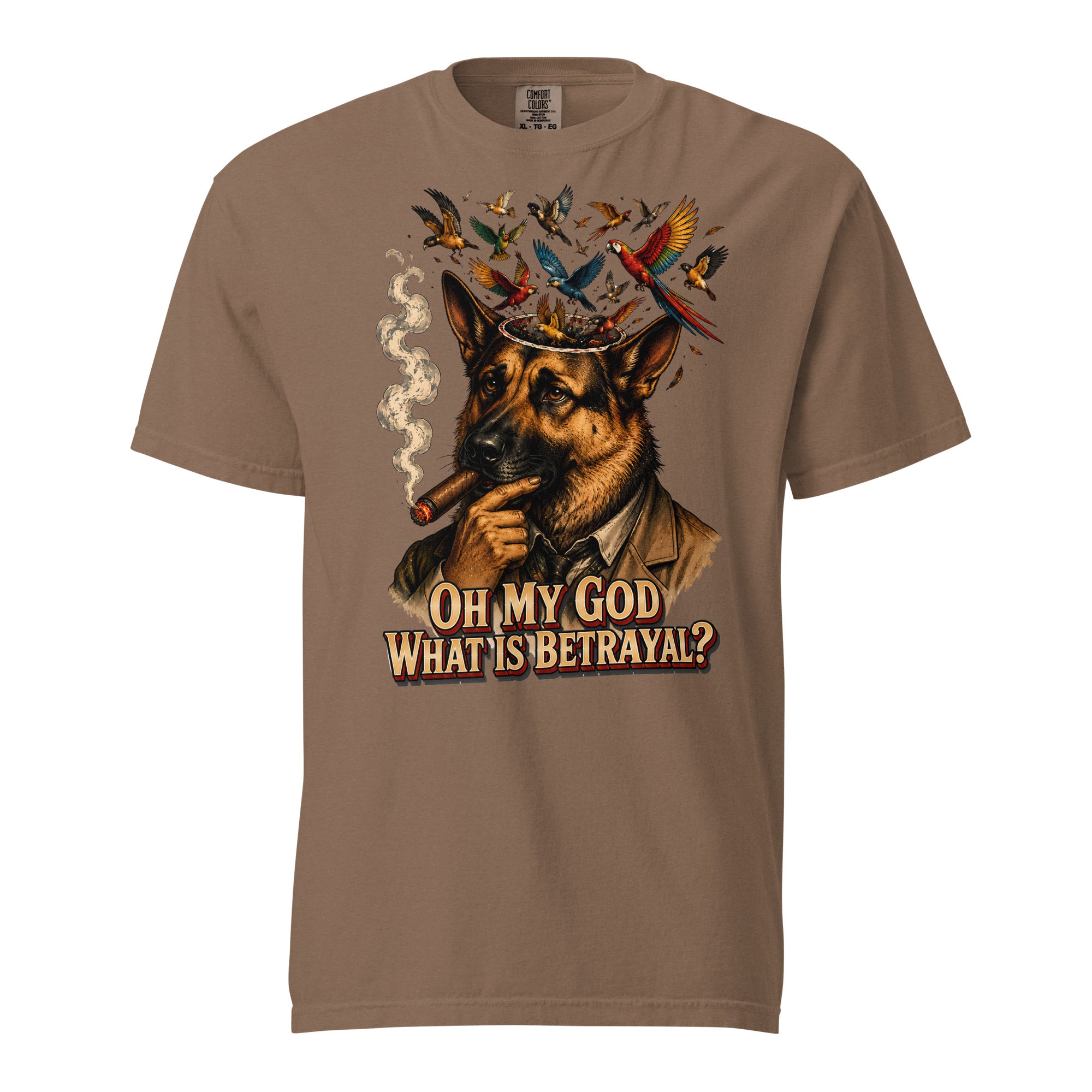 German Shepherd Lovers Unisex Garment-Dyed Heavyweight T-Shirt | "What Is Betrayal?" Philosophical Graphic Tee by printfluence.net