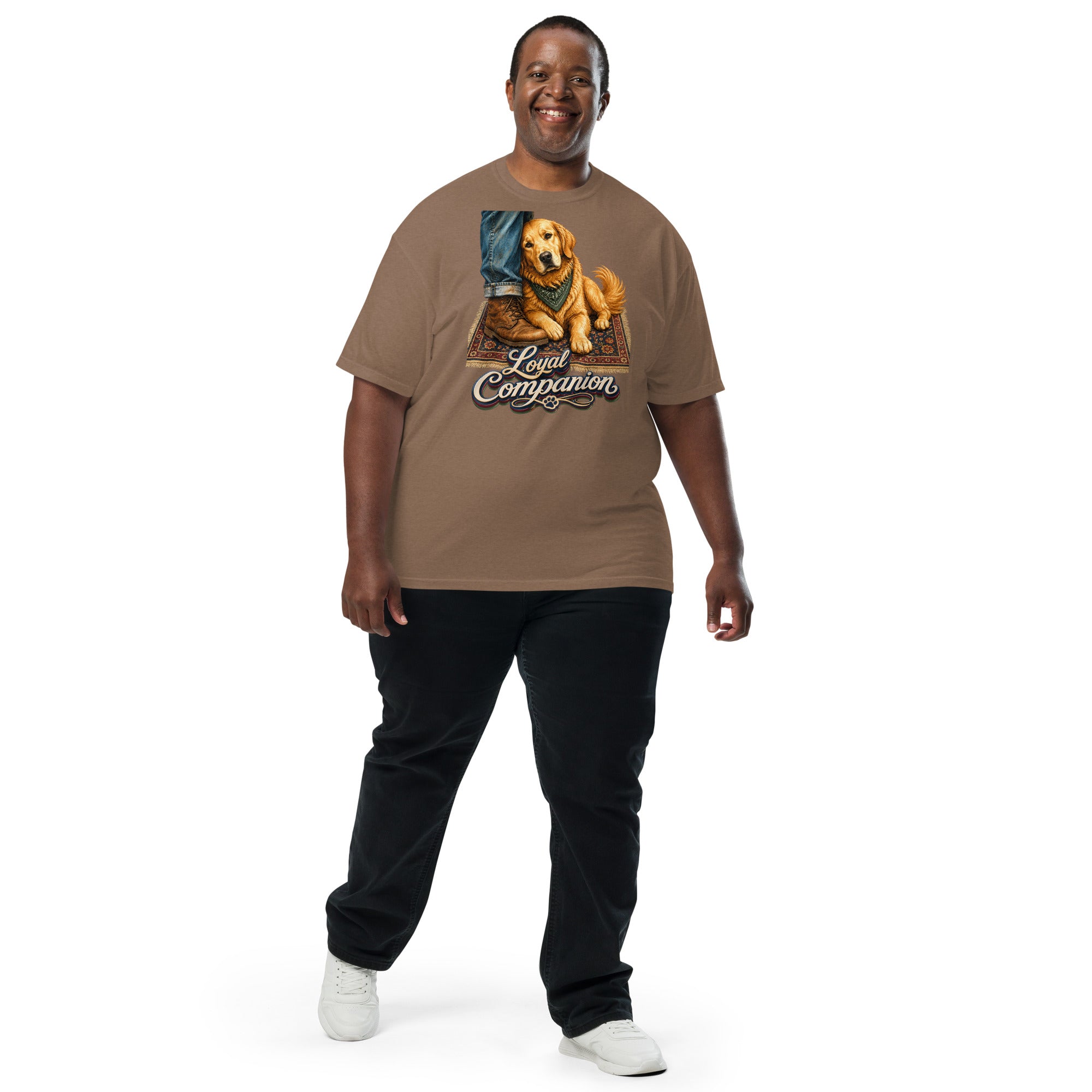 Golden Retriever Lovers Unisex Garment-Dyed Heavyweight T-Shirt — "Loyal Companion" Faithful Dog Resting on Rug Design by printfluence.net