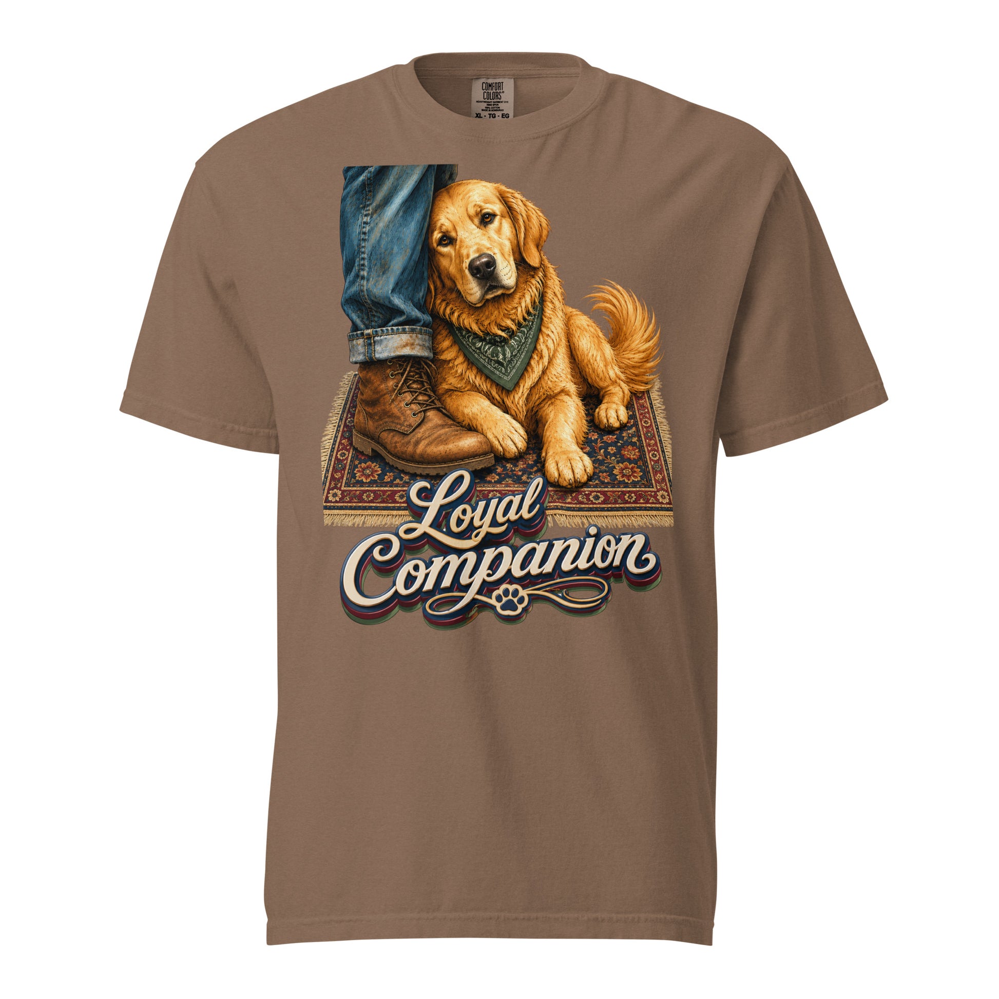 Golden Retriever Lovers Unisex Garment-Dyed Heavyweight T-Shirt — "Loyal Companion" Faithful Dog Resting on Rug Design by printfluence.net