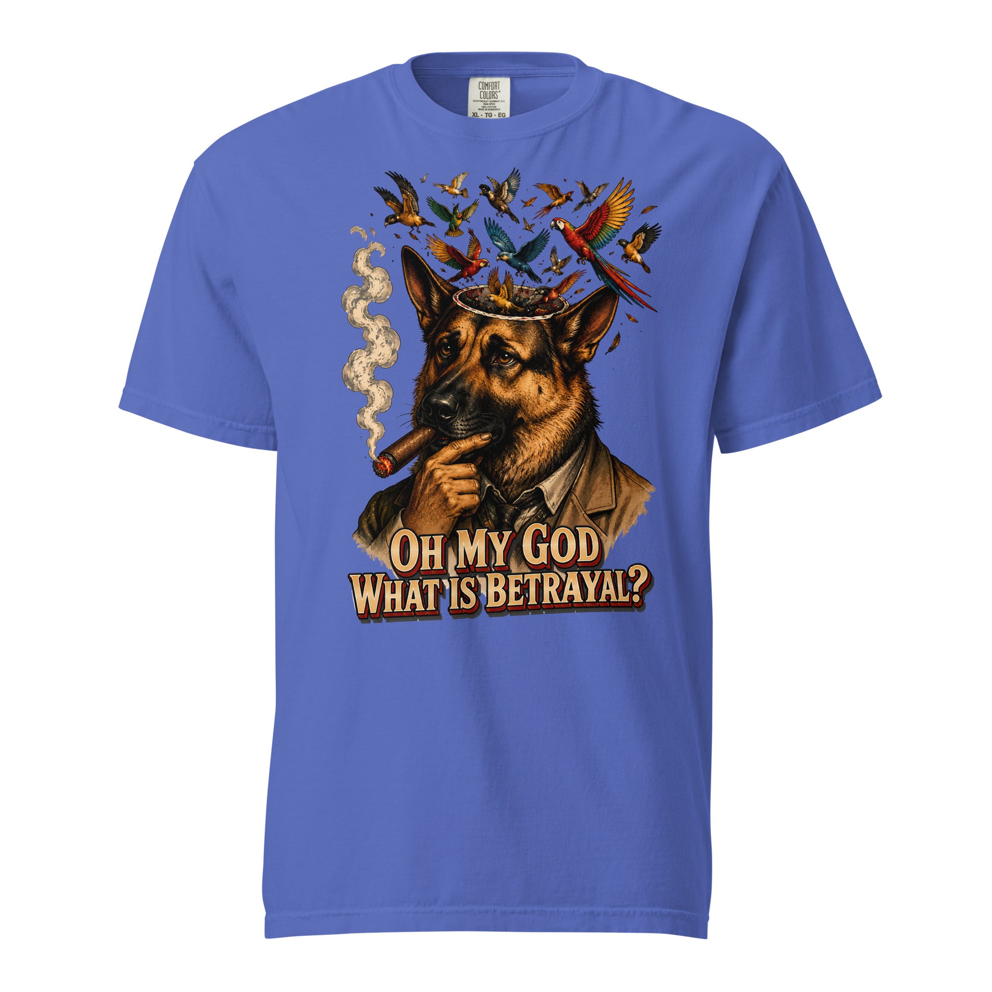 German Shepherd Lovers Unisex Garment-Dyed Heavyweight T-Shirt | "What Is Betrayal?" Philosophical Graphic Tee by printfluence.net