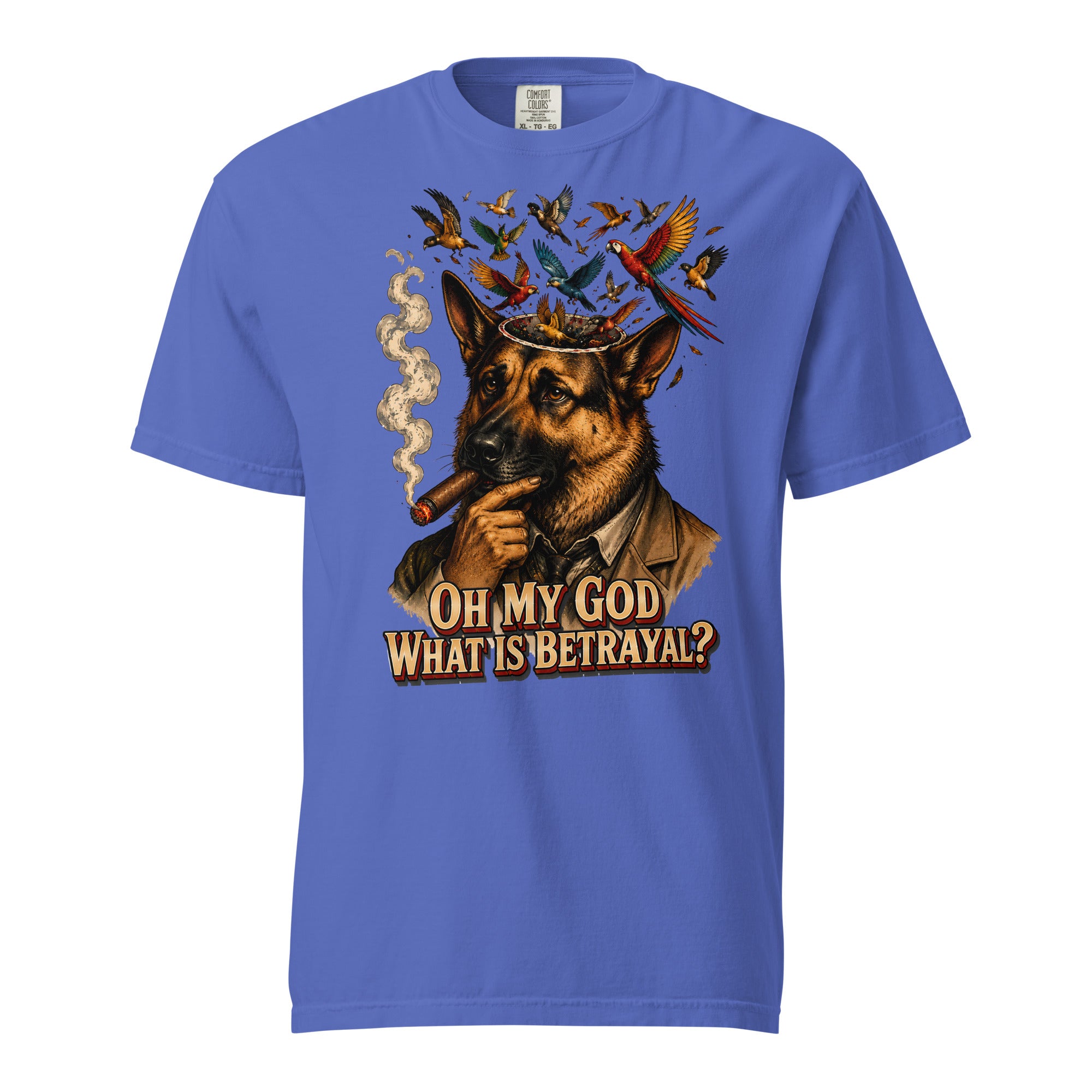 German Shepherd Lovers Unisex Garment-Dyed Heavyweight T-Shirt | "What Is Betrayal?" Philosophical Graphic Tee by printfluence.net