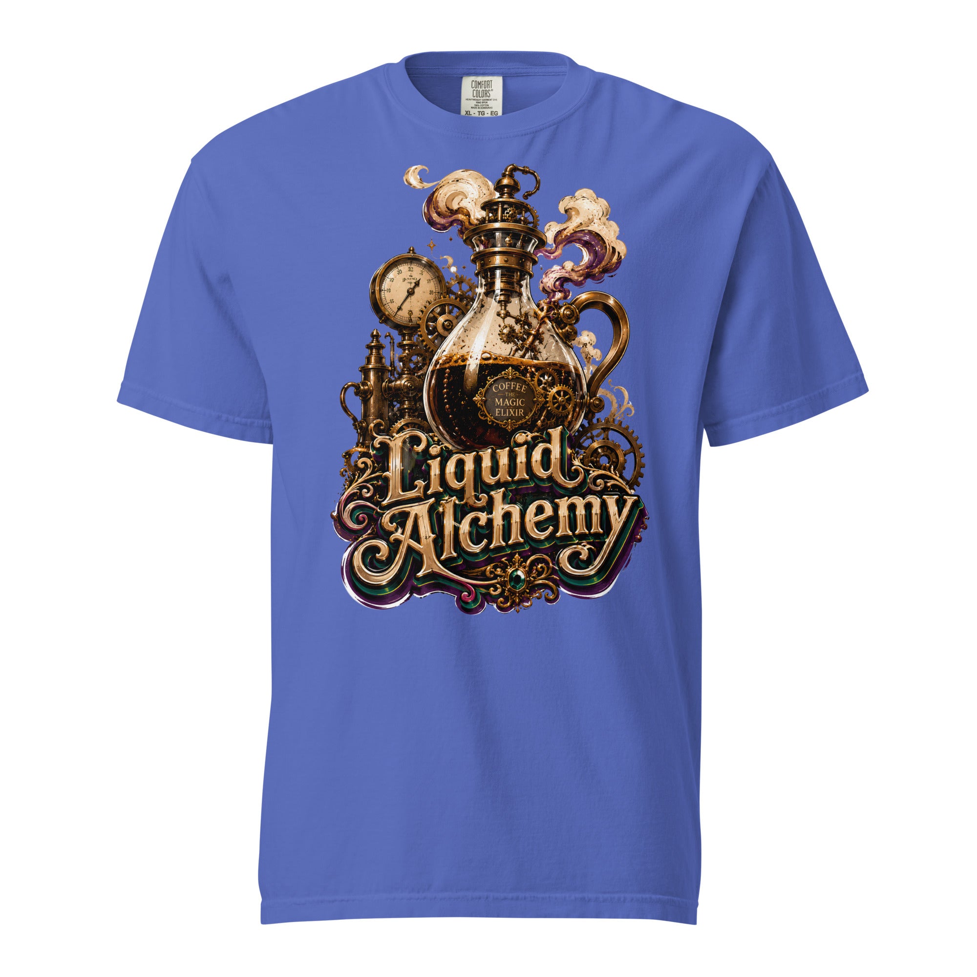 Coffee Lovers Unisex Garment-Dyed Heavyweight T-shirt Liquid Alchemy – Steampunk Coffee Magic Elixir Graphic Tee by printfluence.net