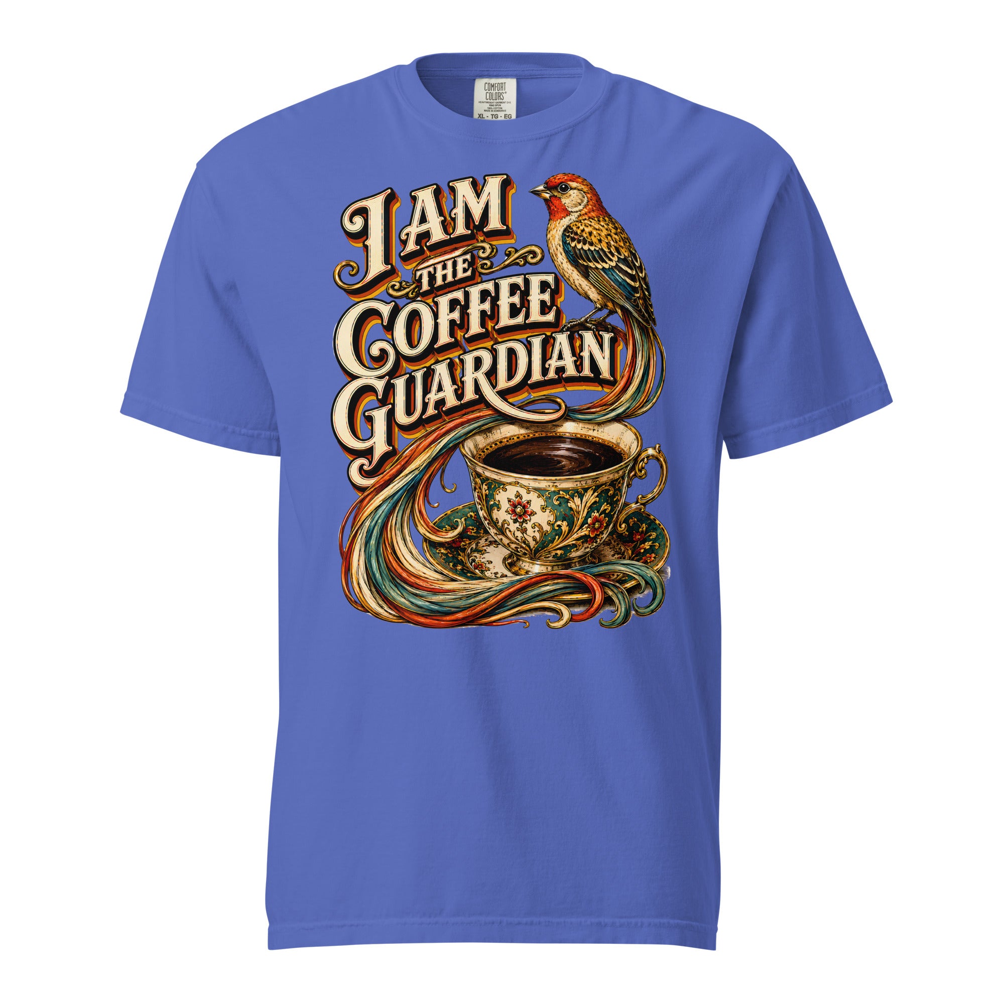 Coffee Lovers Unisex Heavyweight T-shirt The Coffee Guardian – Whimsical Bird & Vintage Cup Graphic Tee by printfluence.net