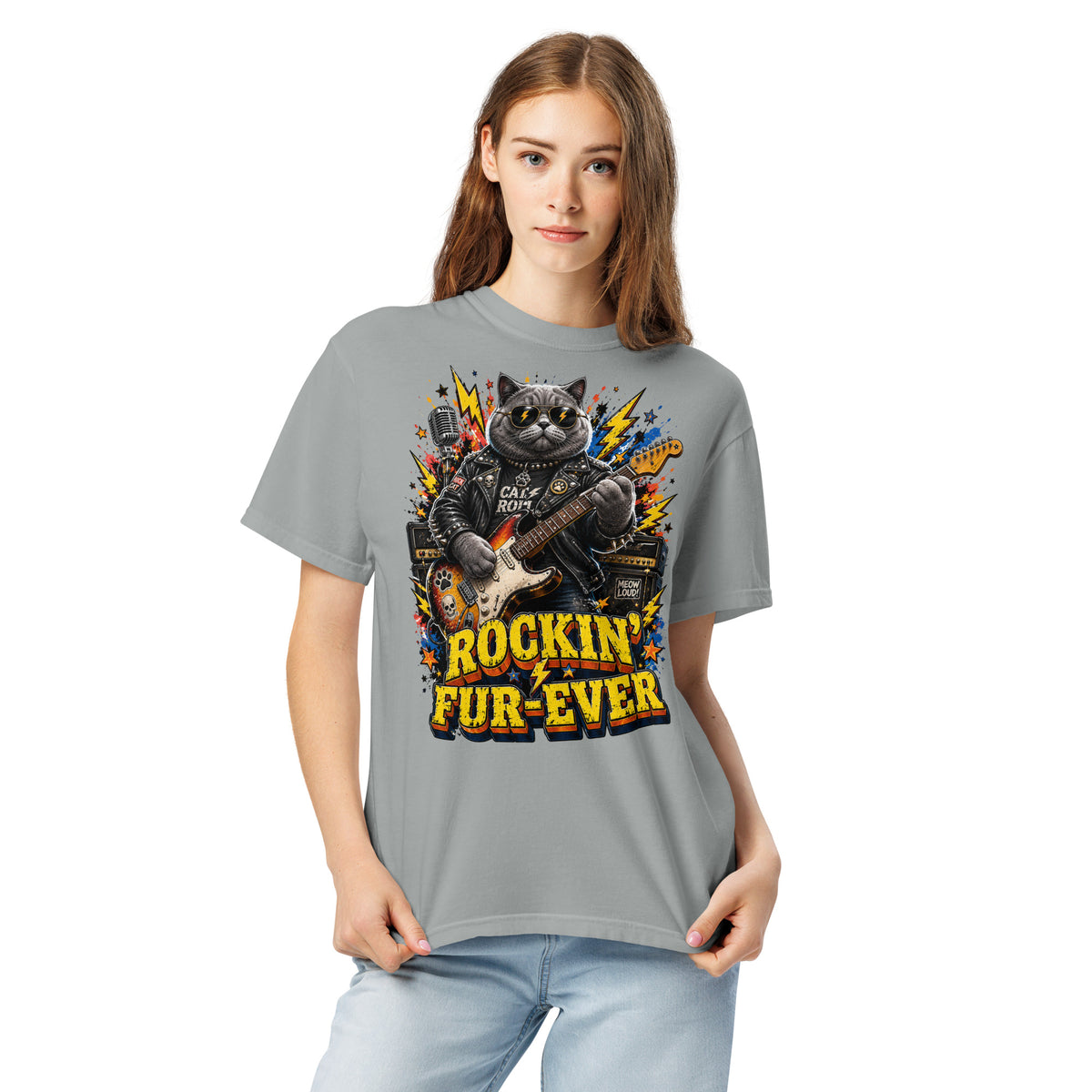 Cat Lovers Unisex Garment-Dyed Heavyweight T-Shirt "Rockin’ Fur-Ever" by printfluence.net