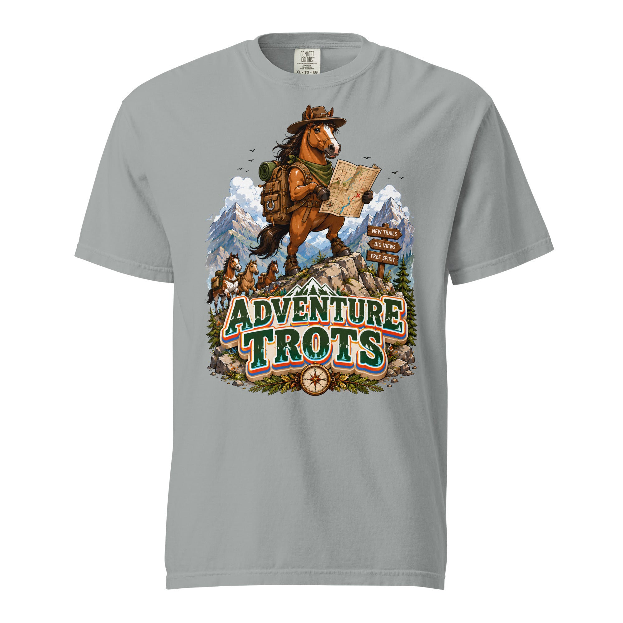 Adventure Trots Premium Tee | Epic Horse Lover's Hiking & Trail Graphic T-Shirt by printfluence.net