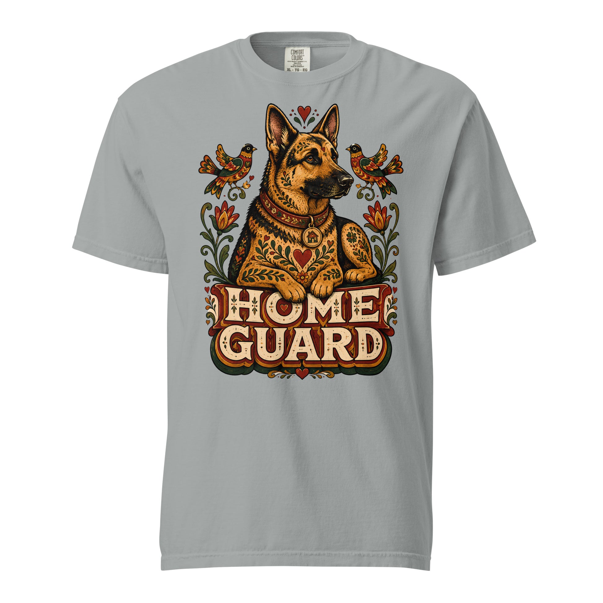 German Shepherd Lovers Unisex Garment-Dyed T-Shirt | Folk Art "Home Guard" Graphic Apparel by printfluence.net