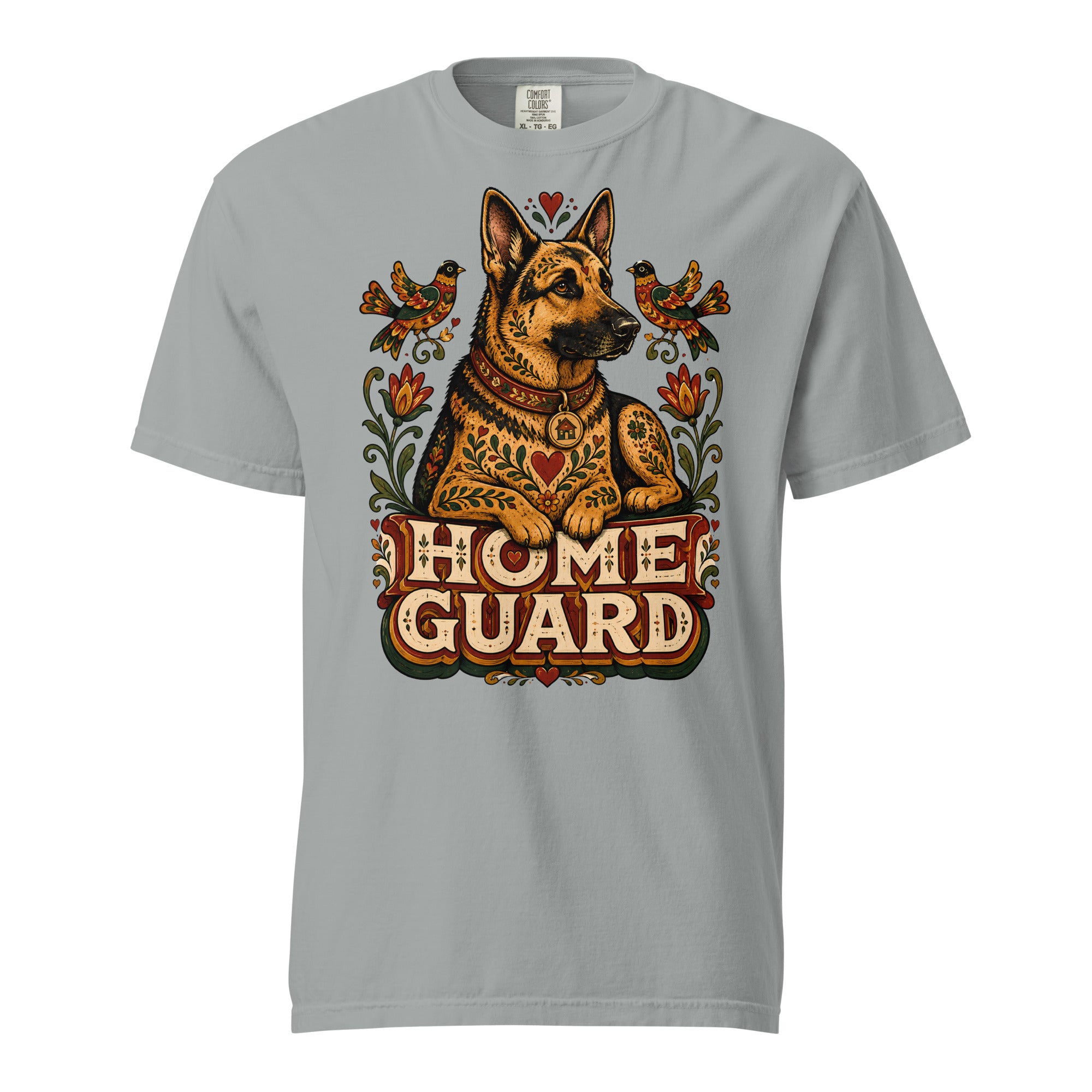 German Shepherd Lovers Unisex Garment-Dyed T-Shirt | Folk Art "Home Guard" Graphic Apparel by printfluence.net