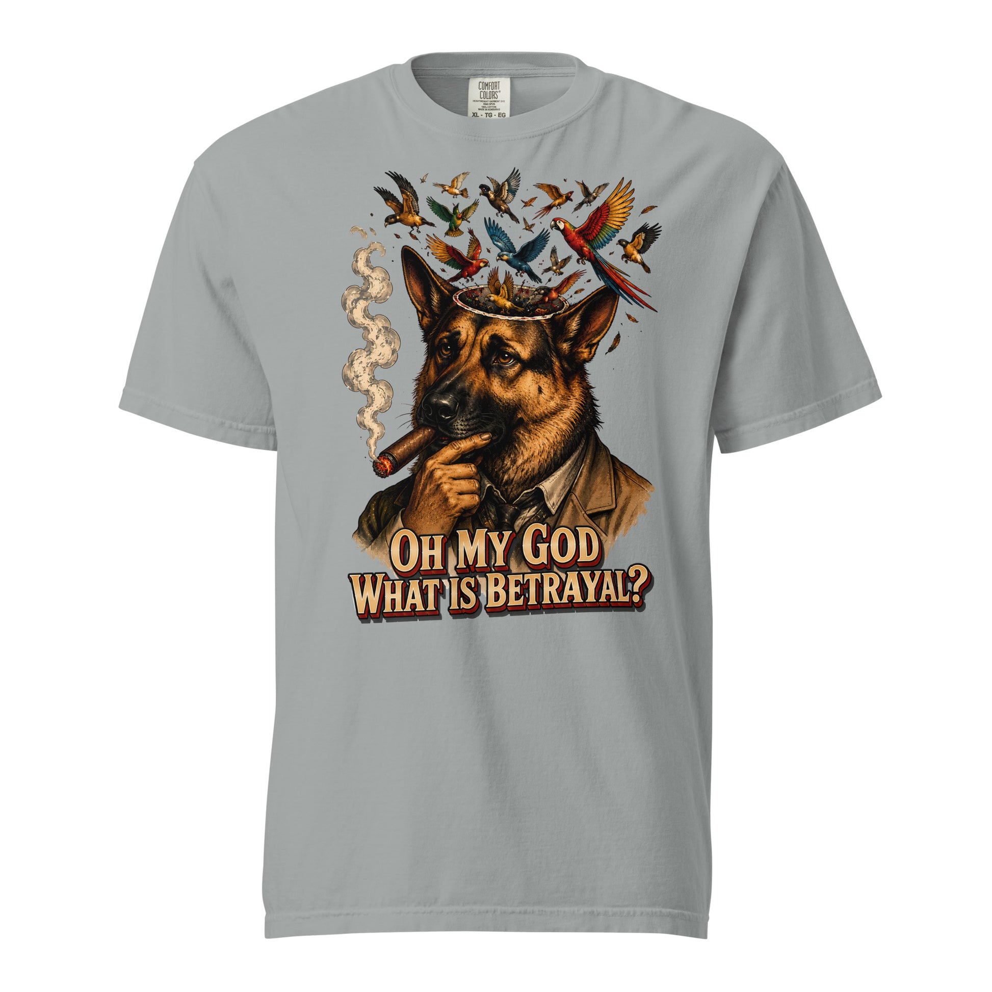 German Shepherd Lovers Unisex Garment-Dyed Heavyweight T-Shirt | "What Is Betrayal?" Philosophical Graphic Tee by printfluence.net