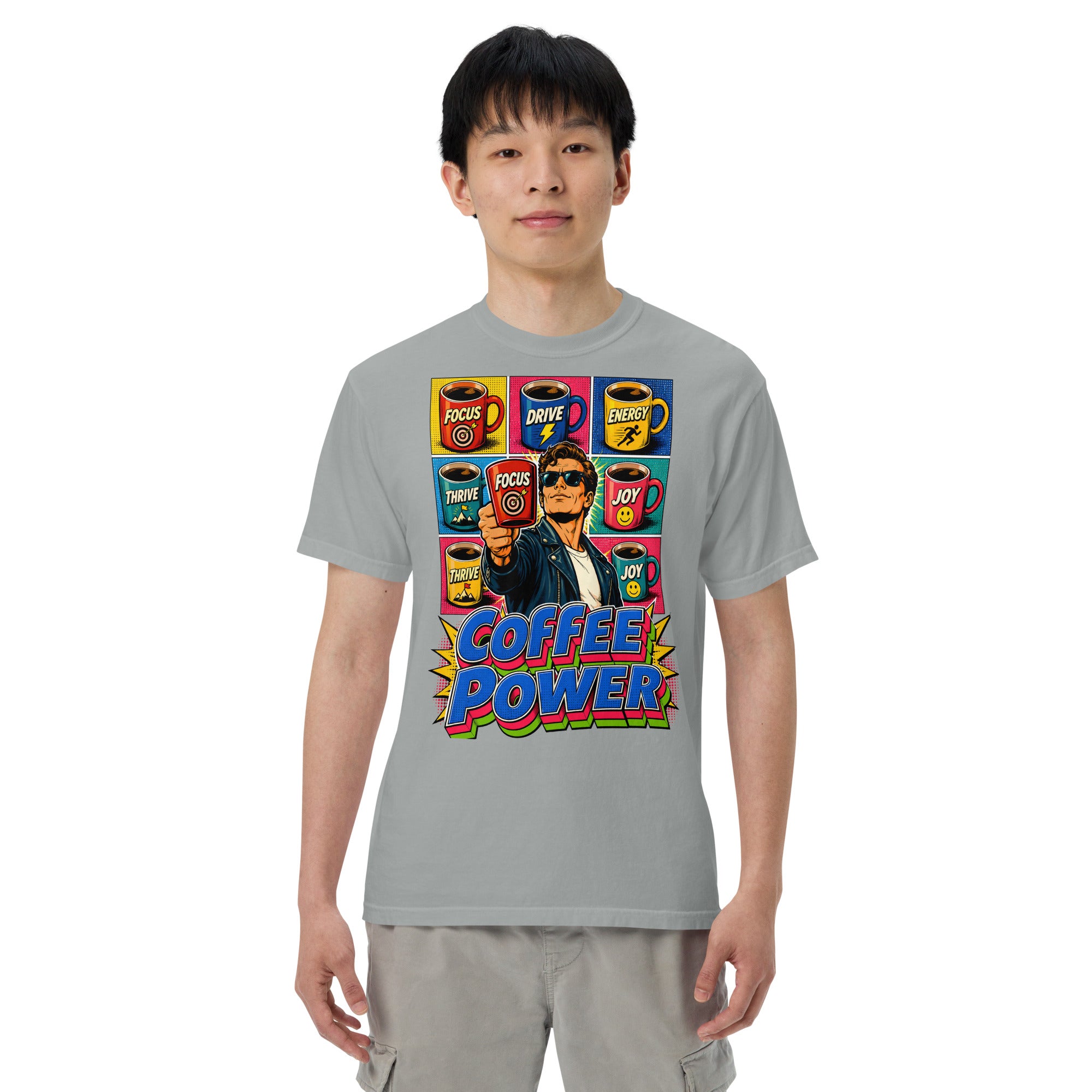 Coffee Lovers Unisex Garment-Dyed Heavyweight T-shirt Coffee Power – Retro Pop Art Motivational Graphic Tee by printfluence.net