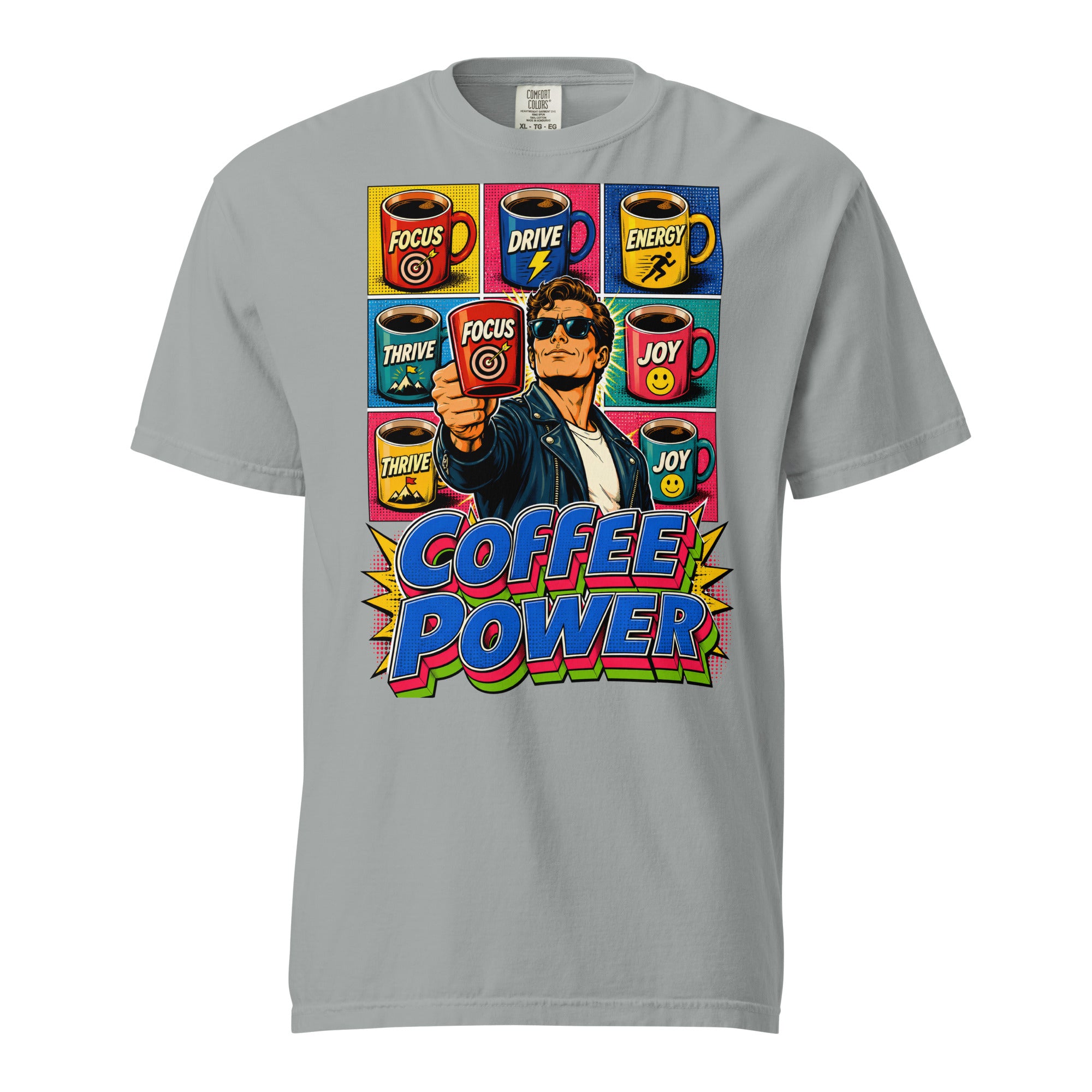 Coffee Lovers Unisex Garment-Dyed Heavyweight T-shirt Coffee Power – Retro Pop Art Motivational Graphic Tee by printfluence.net