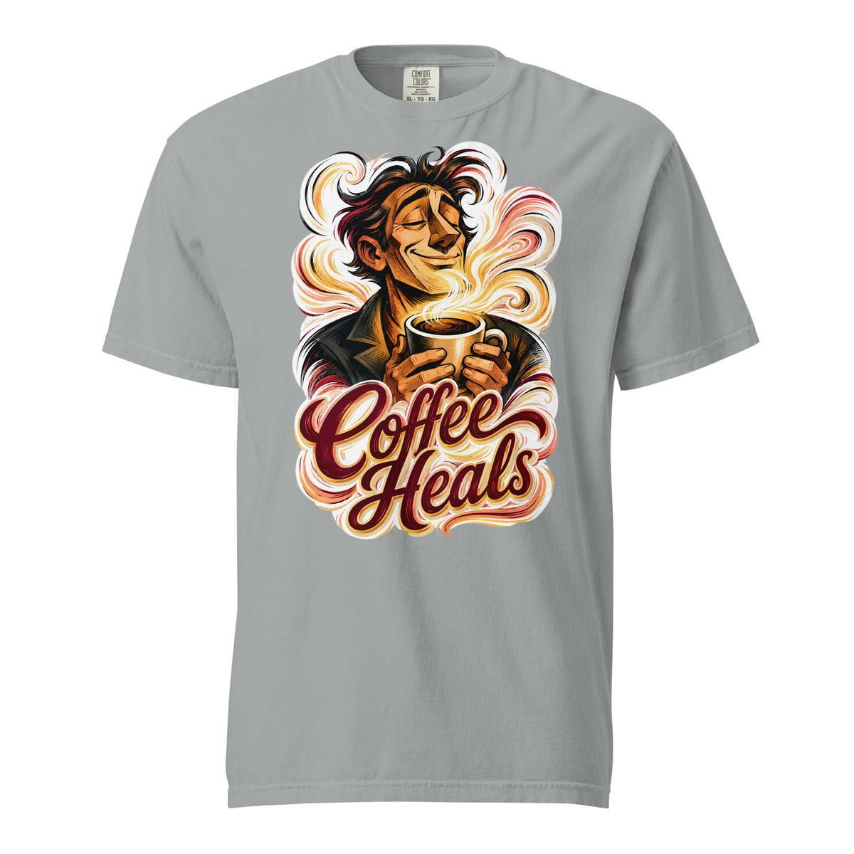 Coffee Lovers Unisex Garment-Dyed Heavyweight T-shirt Coffee Heals – Soulful Morning Motivation Graphic Tee by printfluence.net