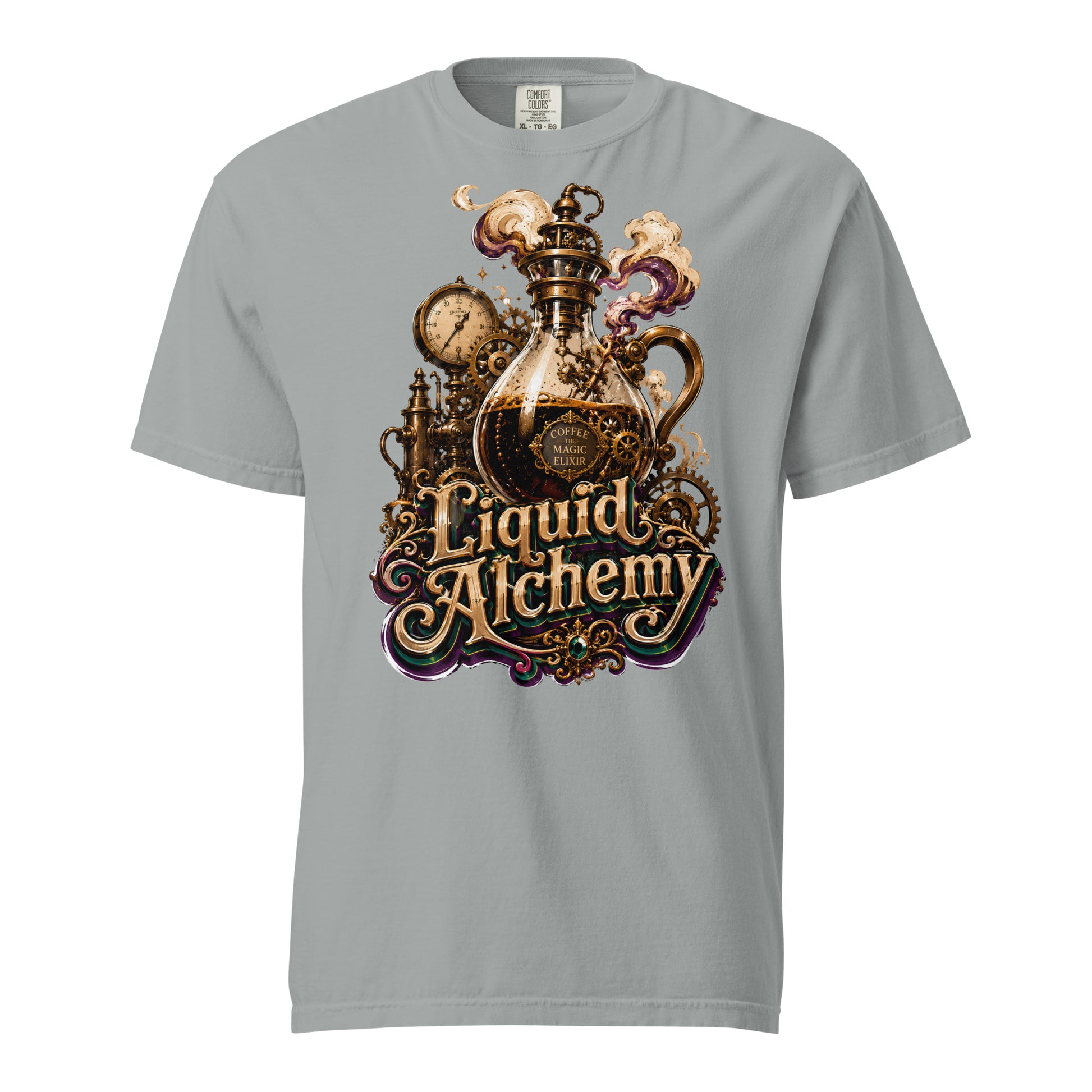 Coffee Lovers Unisex Garment-Dyed Heavyweight T-shirt Liquid Alchemy – Steampunk Coffee Magic Elixir Graphic Tee by printfluence.net