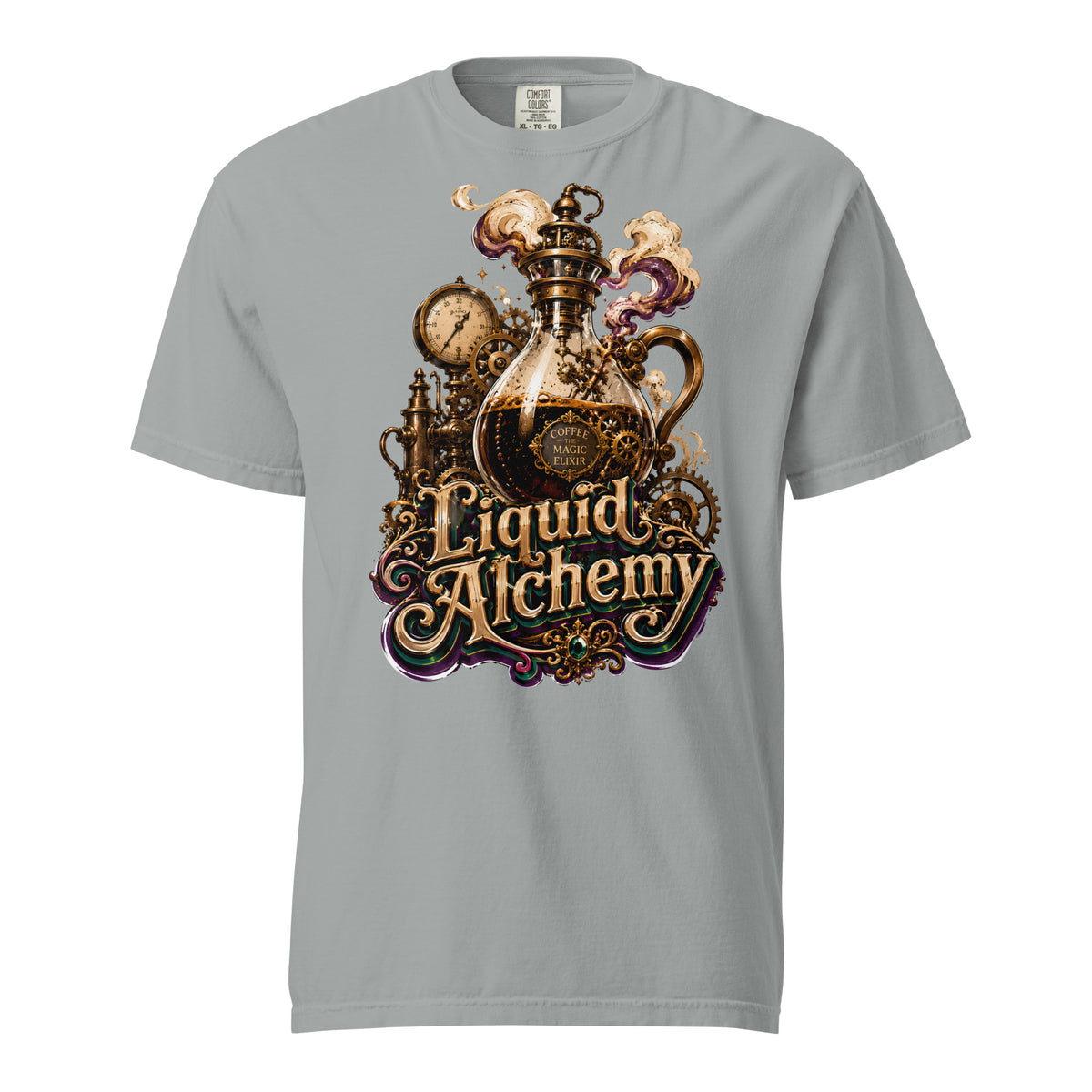 Coffee Lovers Unisex Garment-Dyed Heavyweight T-shirt Liquid Alchemy – Steampunk Coffee Magic Elixir Graphic Tee by printfluence.net