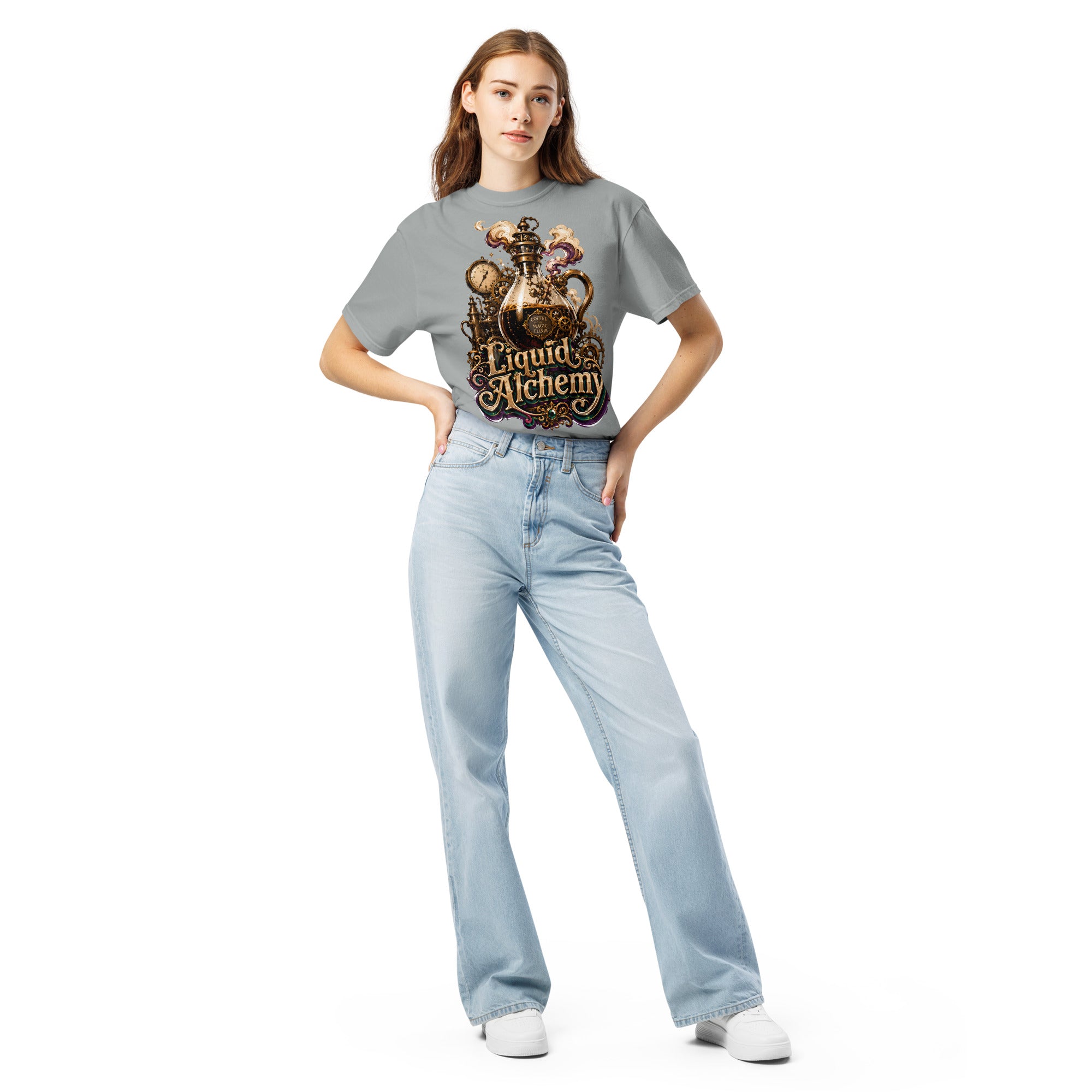 Coffee Lovers Unisex Garment-Dyed Heavyweight T-shirt Liquid Alchemy – Steampunk Coffee Magic Elixir Graphic Tee by printfluence.net
