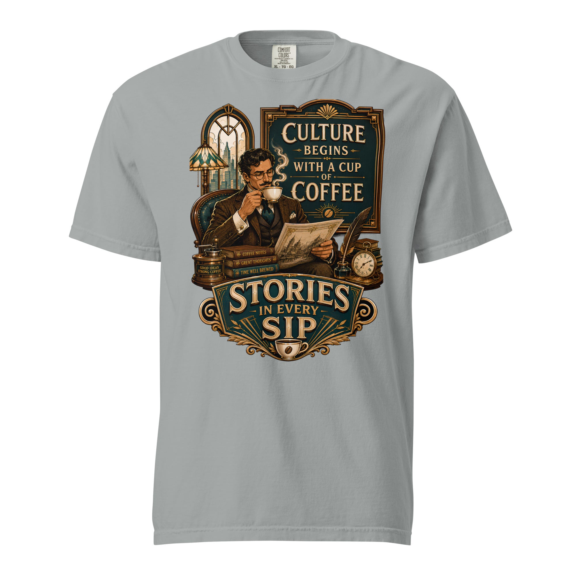 Coffee Lovers Unisex Heavyweight T-shirt Stories in Every Sip – Vintage Gentleman & Intellectual Coffee Graphic Tee by printfluence.net