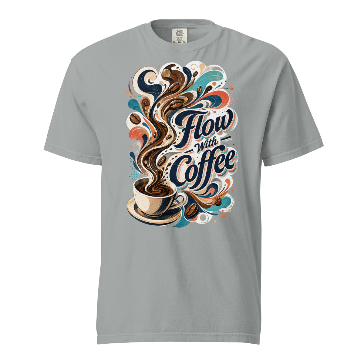 Coffee Lovers Heavyweight T-Shirt Flow with Coffee – Abstract Swirl & Coffee Bean Graphic Tee by printfluence.net