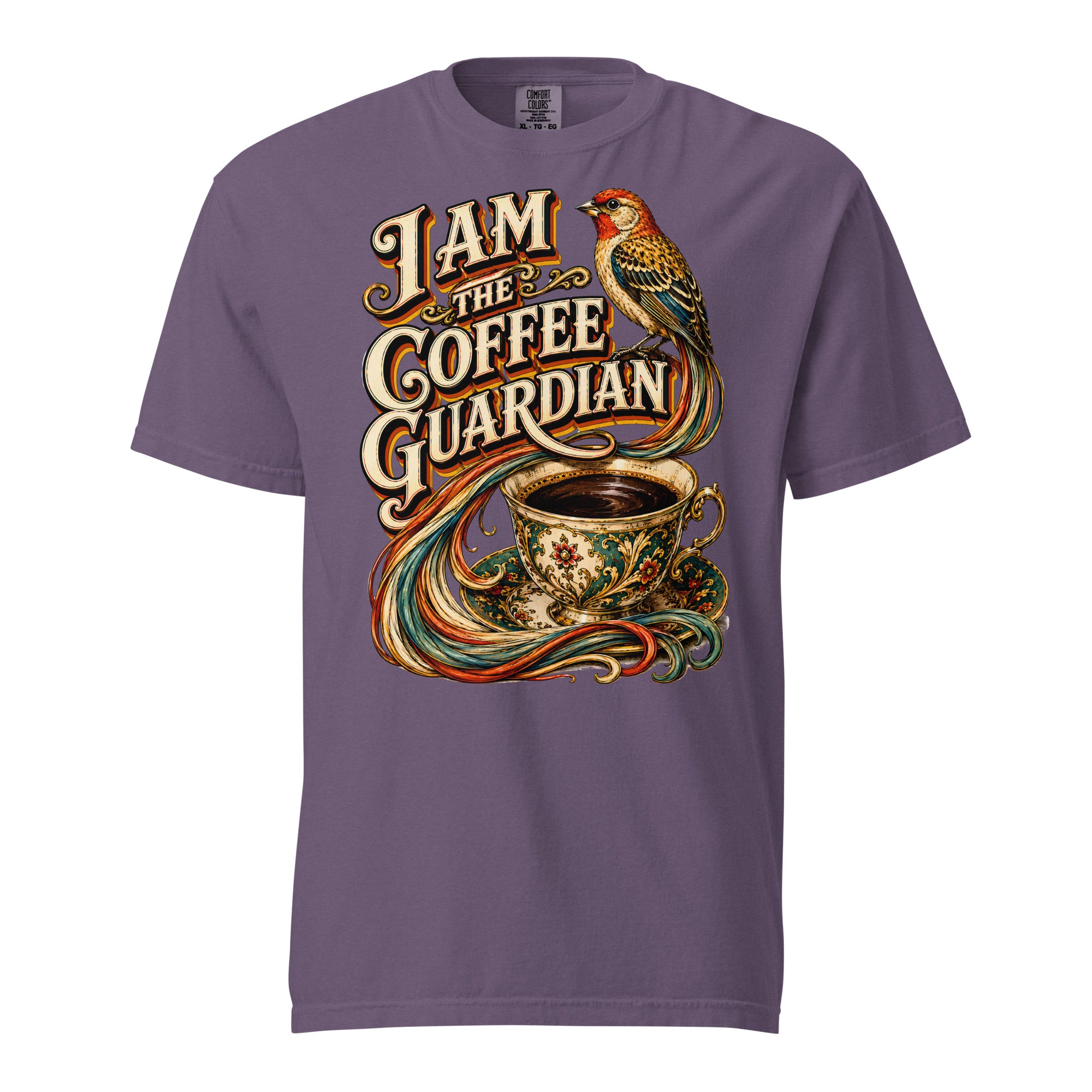 Coffee Lovers Unisex Heavyweight T-shirt The Coffee Guardian – Whimsical Bird & Vintage Cup Graphic Tee by printfluence.net