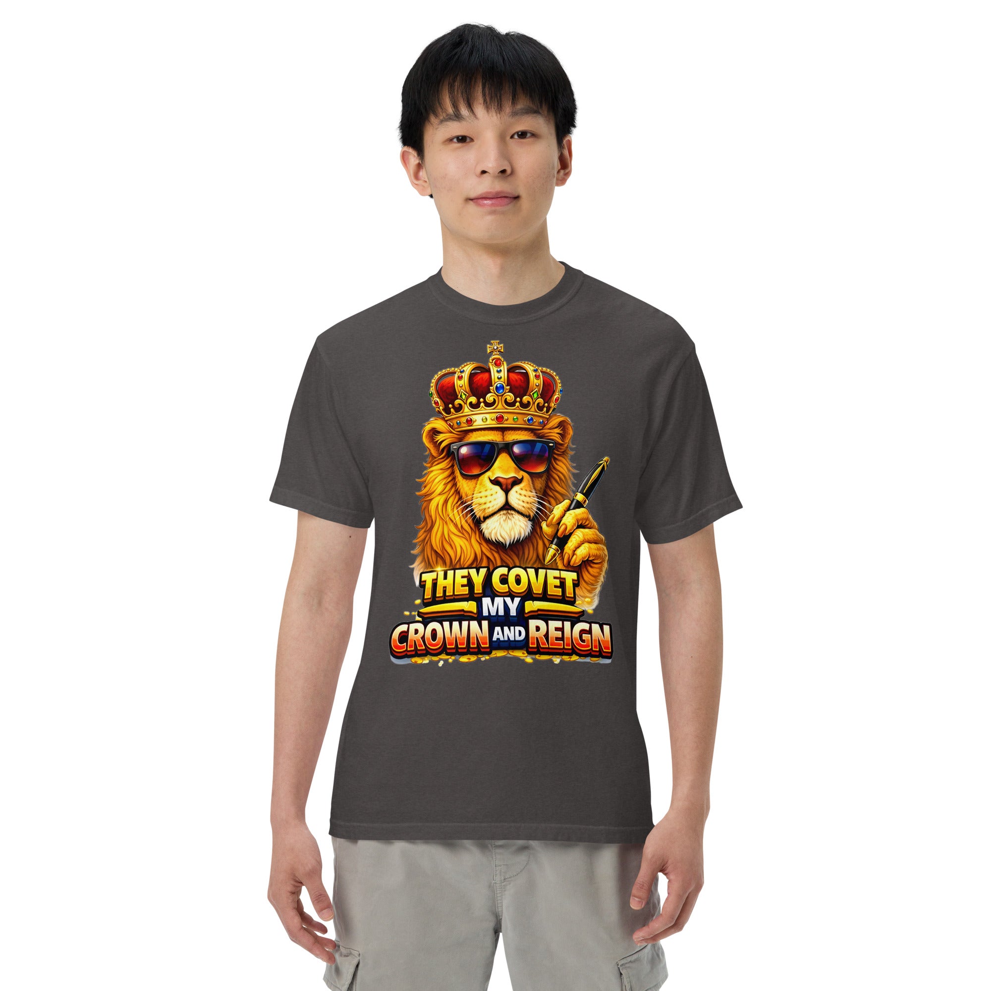 Unisex garment-dyed heavyweight t-shirt - King of the Reign Lion Graphic Tee – Heavyweight Vintage Urban Streetwear by printfluence.net