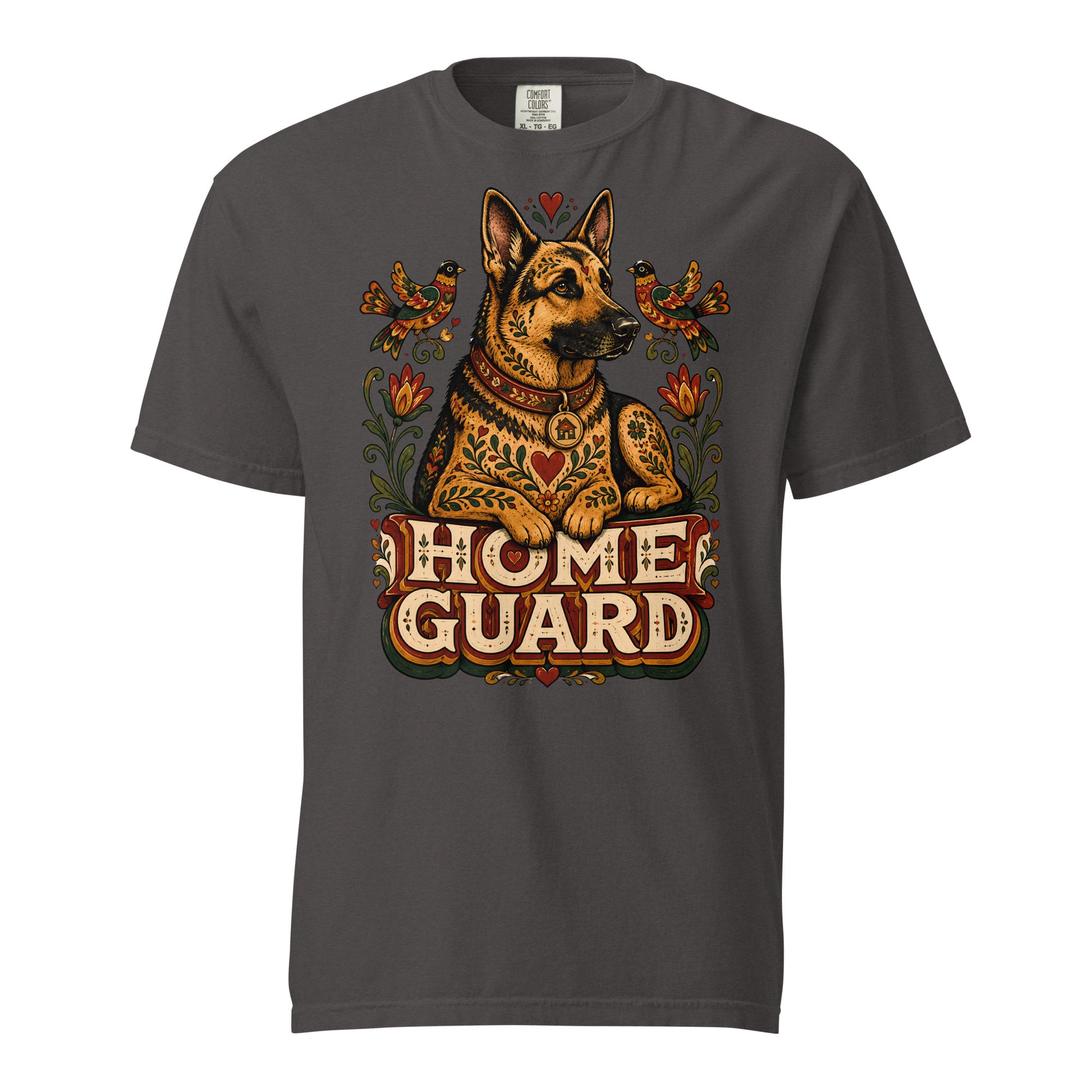 German Shepherd Lovers Unisex Garment-Dyed T-Shirt | Folk Art "Home Guard" Graphic Apparel by printfluence.net